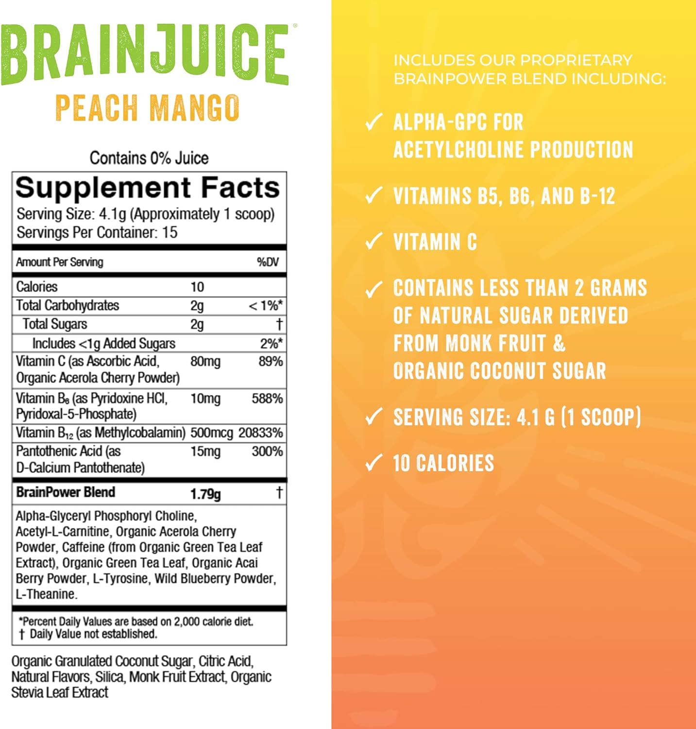 Premium Peach Mango BrainJuice Nootropic Supplement for Improved Energy, Focus, Memory, & Mood - Alpha GPC, Green Tea Extract, L-Theanine