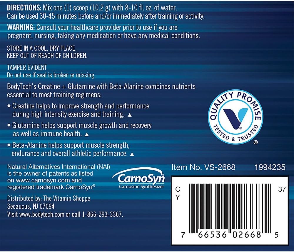 Premium Performance Supplement: BodyTech Creatine, Glutamine, and Beta-Alanine - Enhances Strength, Recovery, Endurance - 10.8oz/30 Servings