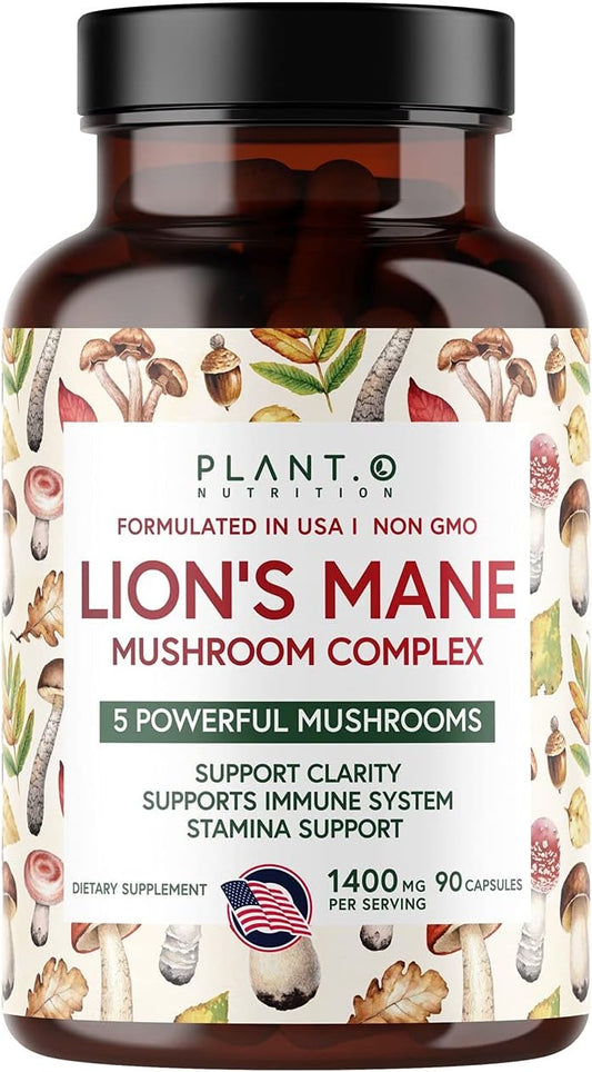Premium Plant-Based Lion's Mane Nootropic Brain Supplement with 5 Mushroom Complex - Immunity, Focus, Mood, Memory - 90 Capsules
