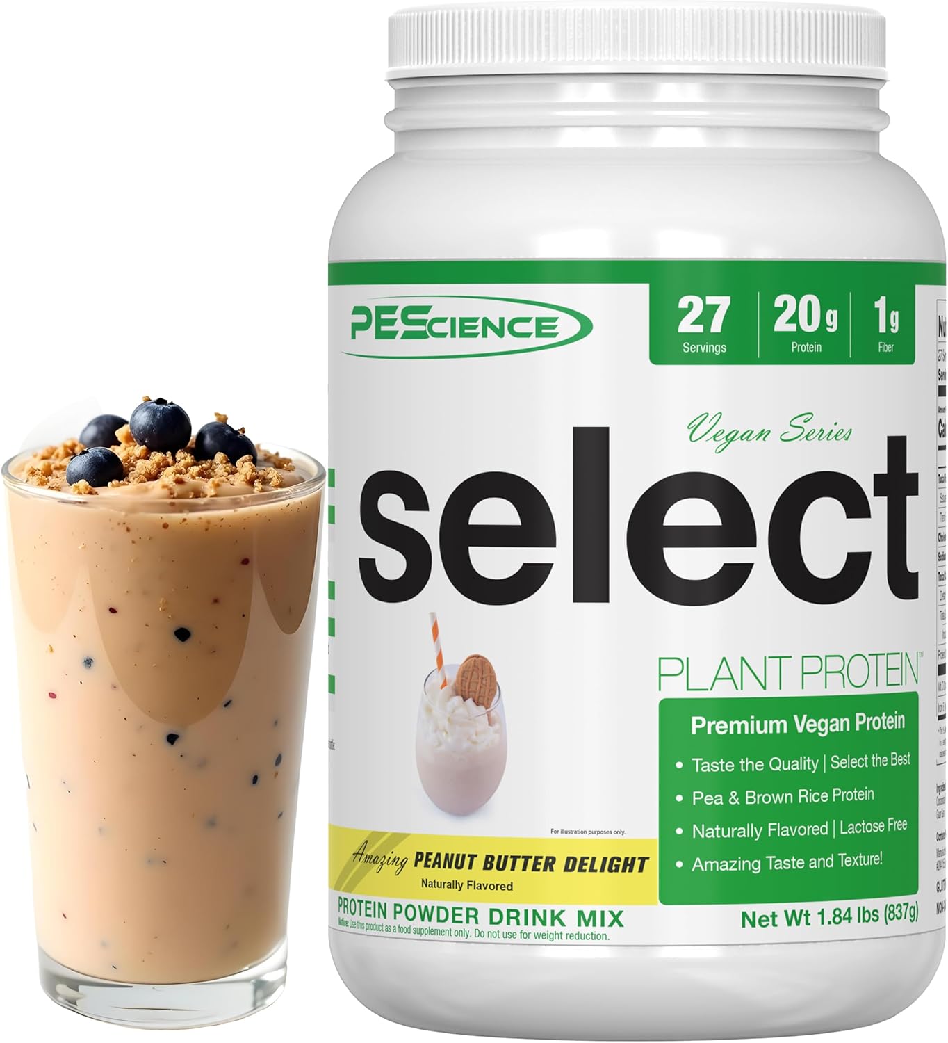Premium Plant-Based Protein Powder, Peanut Butter Delight Flavor, 27 Servings, PEScience Select Vegan Blend of Pea and Brown Rice