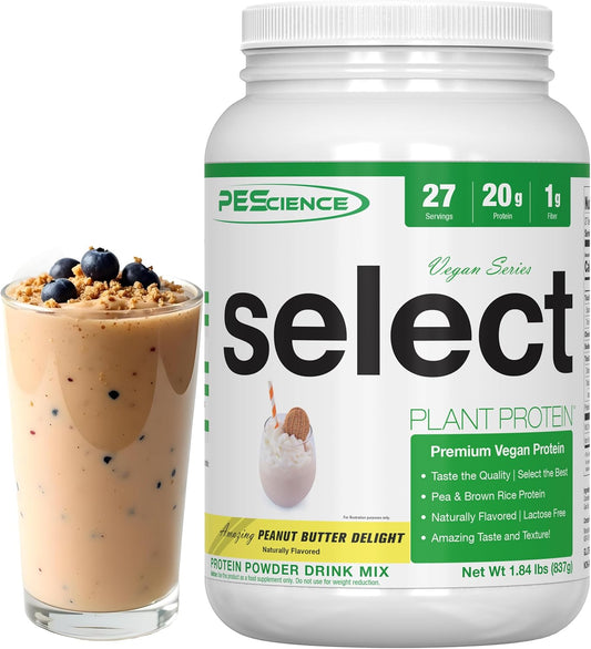Premium Plant-Based Protein Powder, Peanut Butter Delight Flavor, 27 Servings, PEScience Select Vegan Blend of Pea and Brown Rice