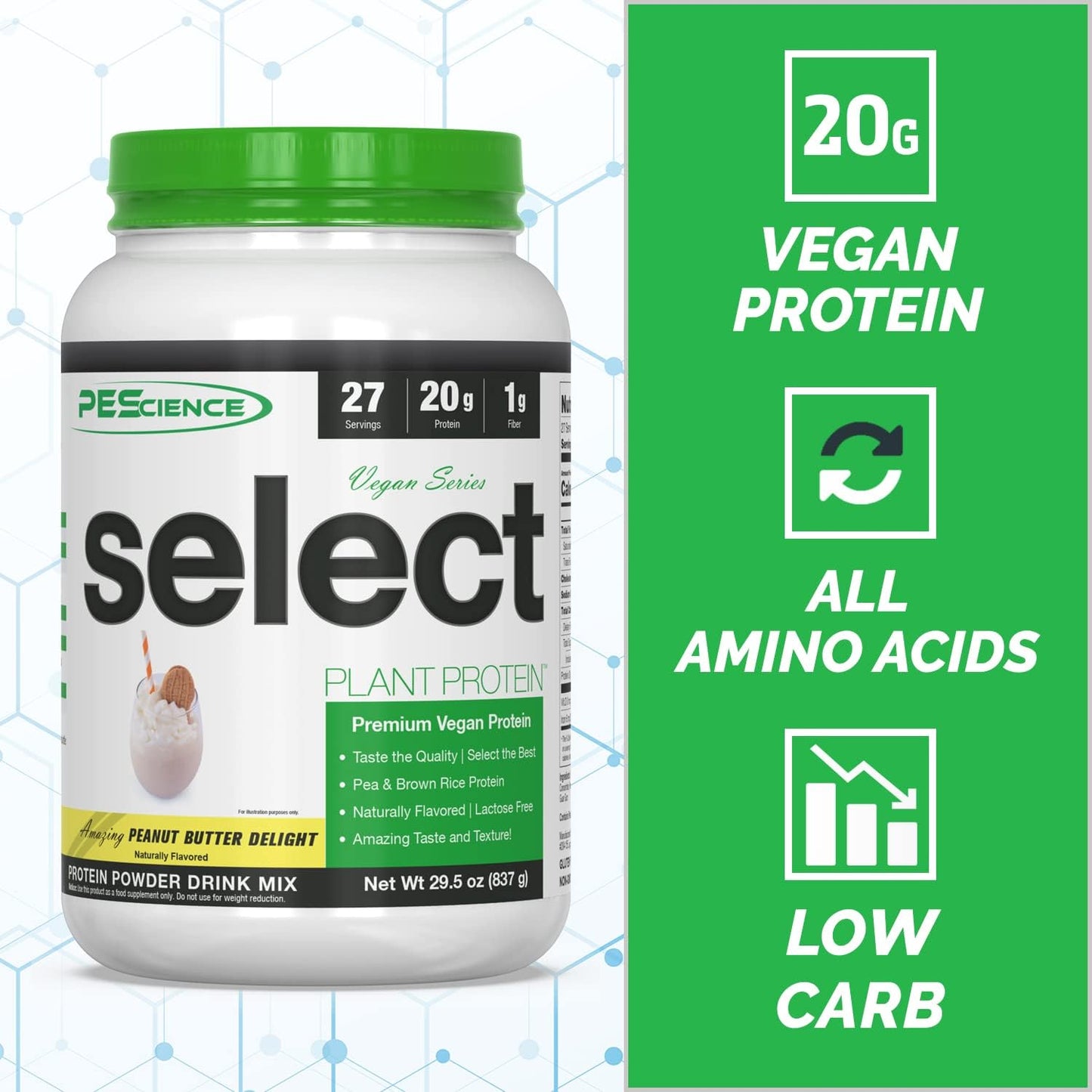 Premium Plant-Based Protein Powder, Peanut Butter Delight Flavor, 27 Servings, PEScience Select Vegan Blend of Pea and Brown Rice
