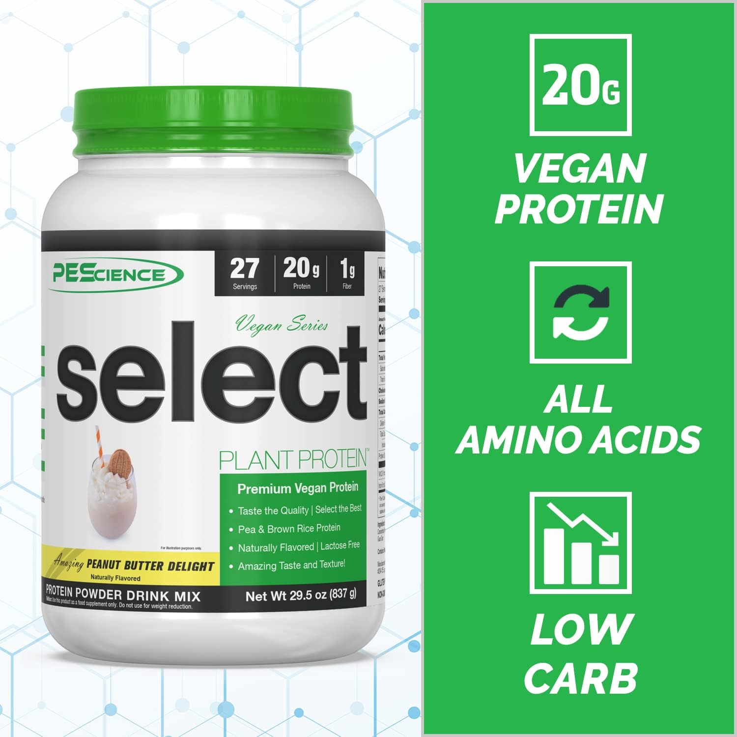 Premium Plant-Based Protein Powder, Peanut Butter Delight Flavor, 27 Servings, PEScience Select Vegan Blend of Pea and Brown Rice