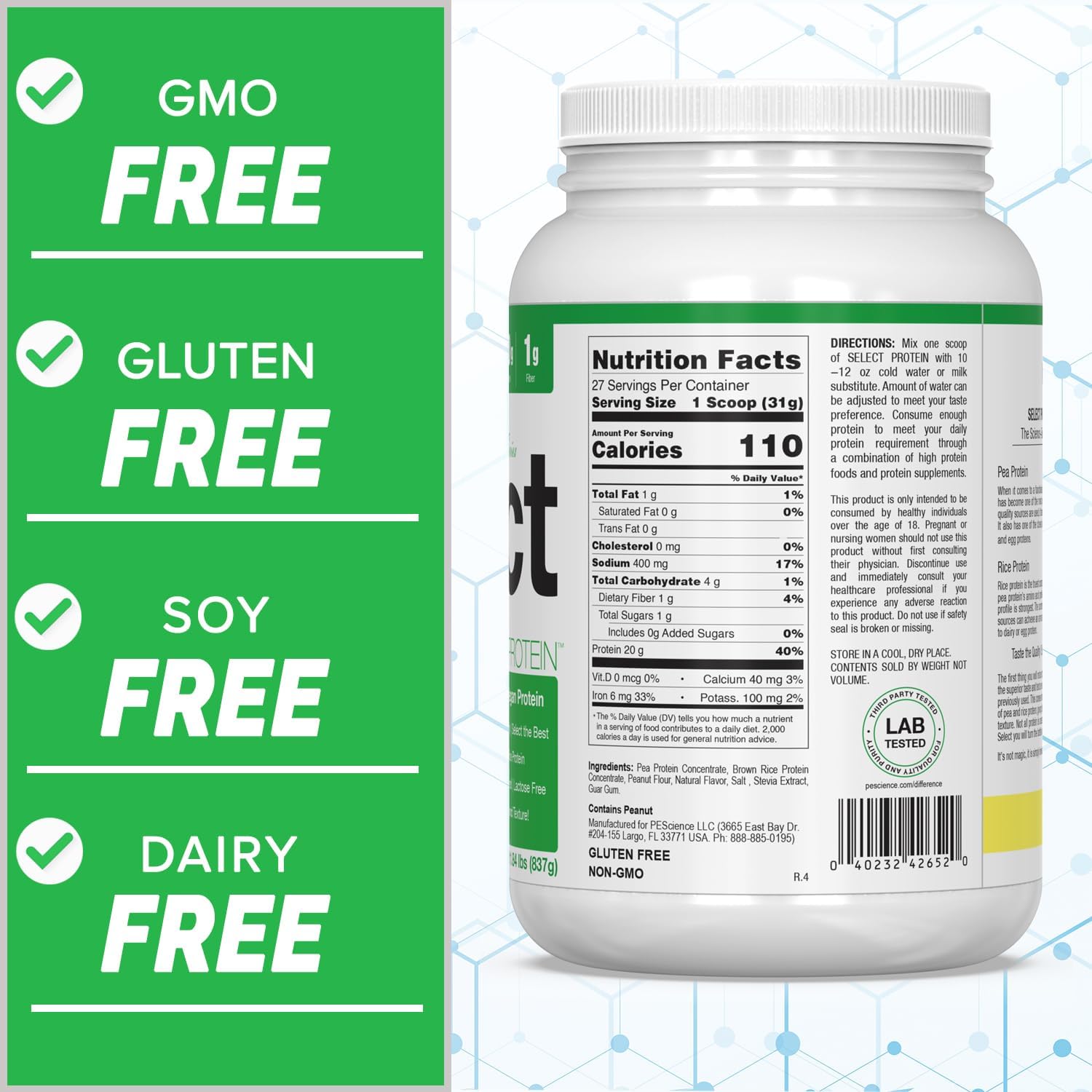 Premium Plant-Based Protein Powder, Peanut Butter Delight Flavor, 27 Servings, PEScience Select Vegan Blend of Pea and Brown Rice