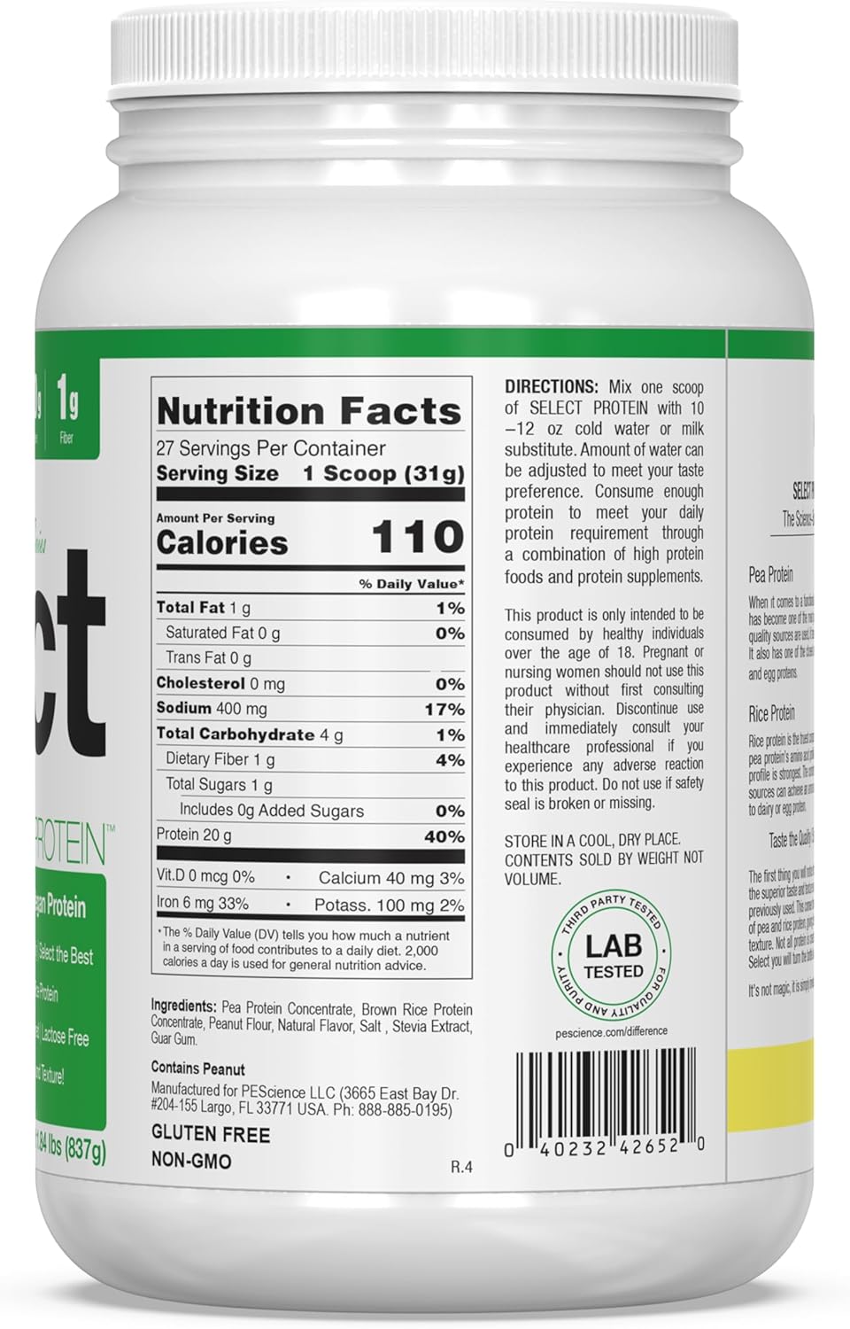 Premium Plant-Based Protein Powder, Peanut Butter Delight Flavor, 27 Servings, PEScience Select Vegan Blend of Pea and Brown Rice