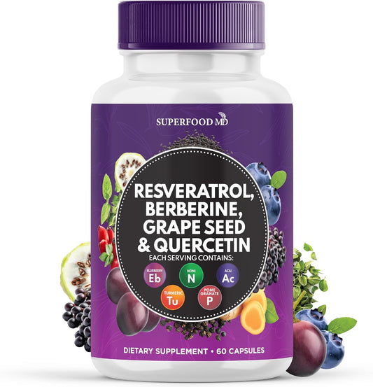 Premium Polyphenol Supplement with Resveratrol, Berberine, Grape Seed Extract, Quercetin, Noni, N-Acetyl Cysteine, Acai - 60 Capsules - USA Made