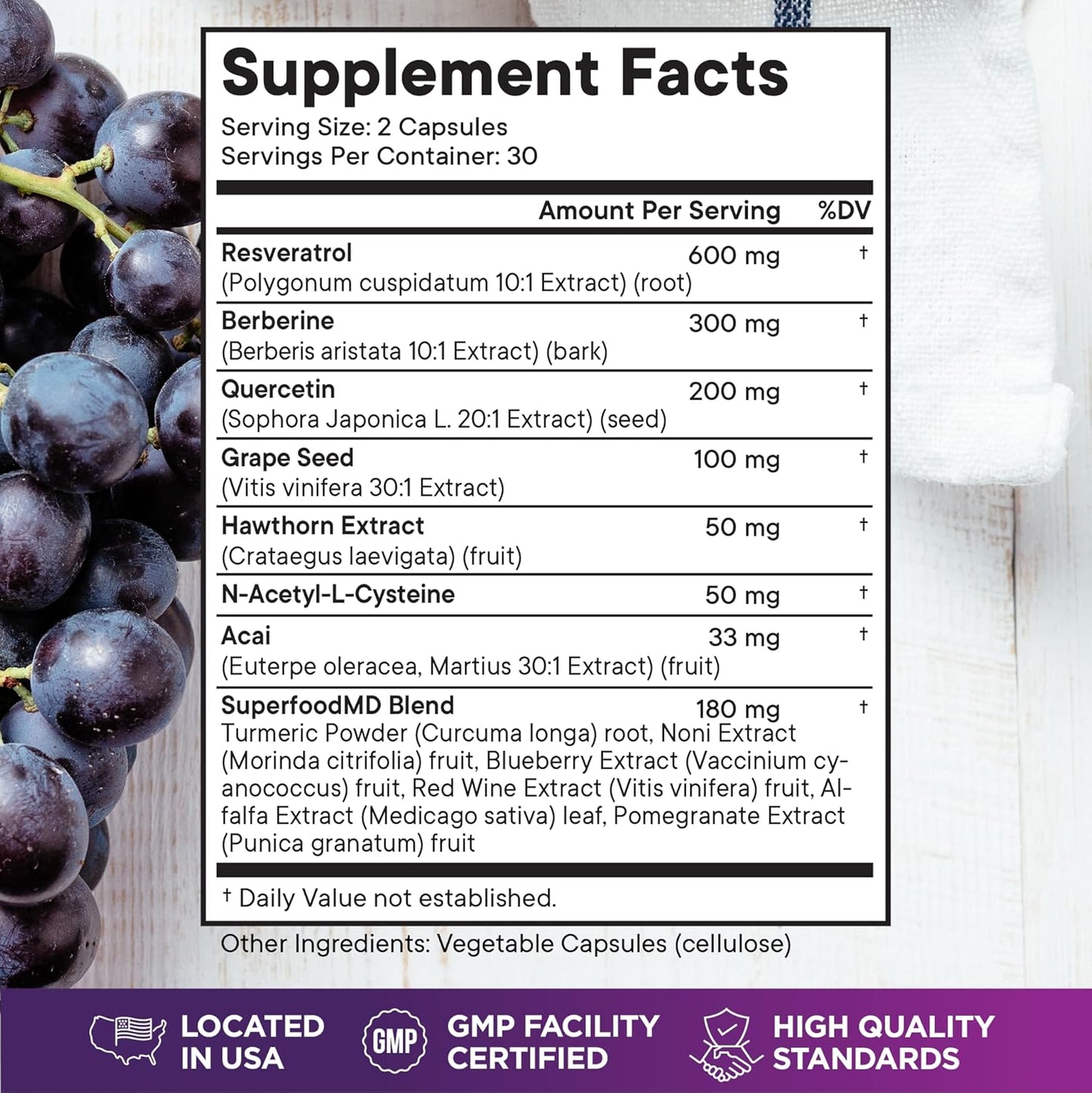 Premium Polyphenol Supplement with Resveratrol, Berberine, Grape Seed Extract, Quercetin, Noni, N-Acetyl Cysteine, Acai - 60 Capsules - USA Made