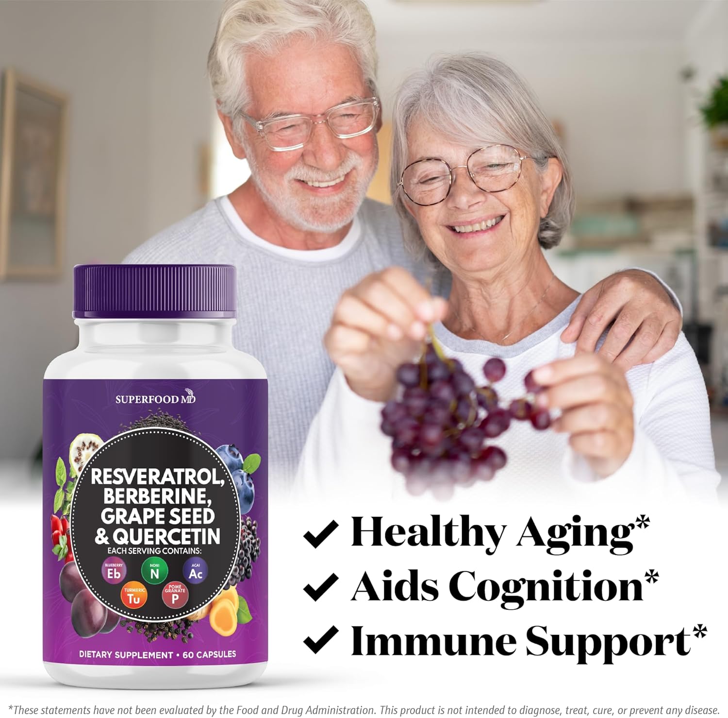 Premium Polyphenol Supplement with Resveratrol, Berberine, Grape Seed Extract, Quercetin, Noni, N-Acetyl Cysteine, Acai - 60 Capsules - USA Made