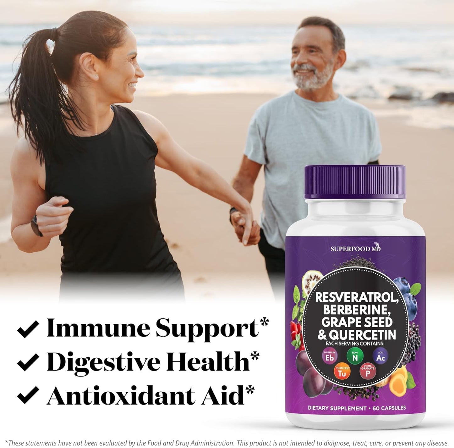 Premium Polyphenol Supplement with Resveratrol, Berberine, Grape Seed Extract, Quercetin, Noni, N-Acetyl Cysteine, Acai - 60 Capsules - USA Made