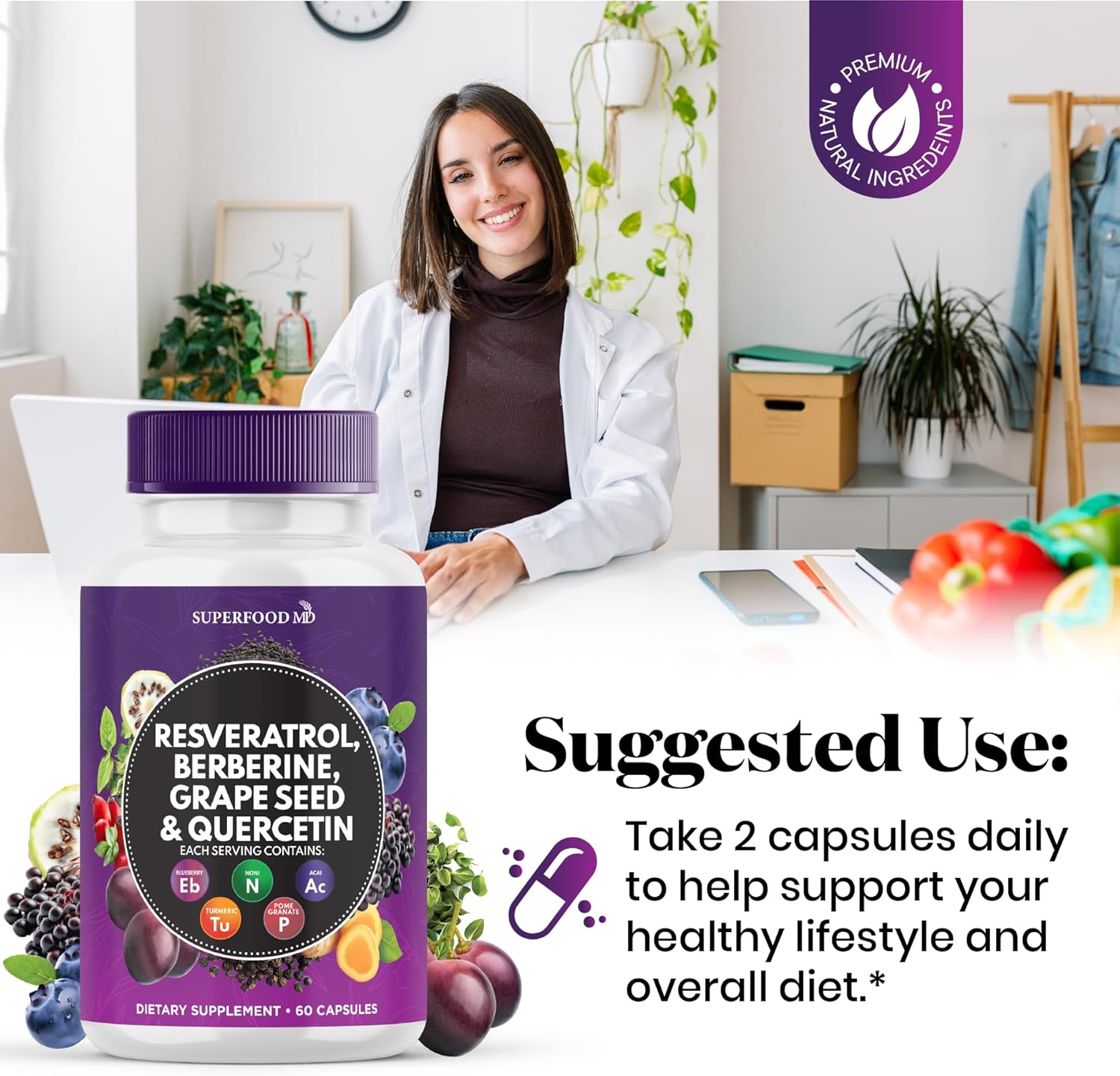 Premium Polyphenol Supplement with Resveratrol, Berberine, Grape Seed Extract, Quercetin, Noni, N-Acetyl Cysteine, Acai - 60 Capsules - USA Made