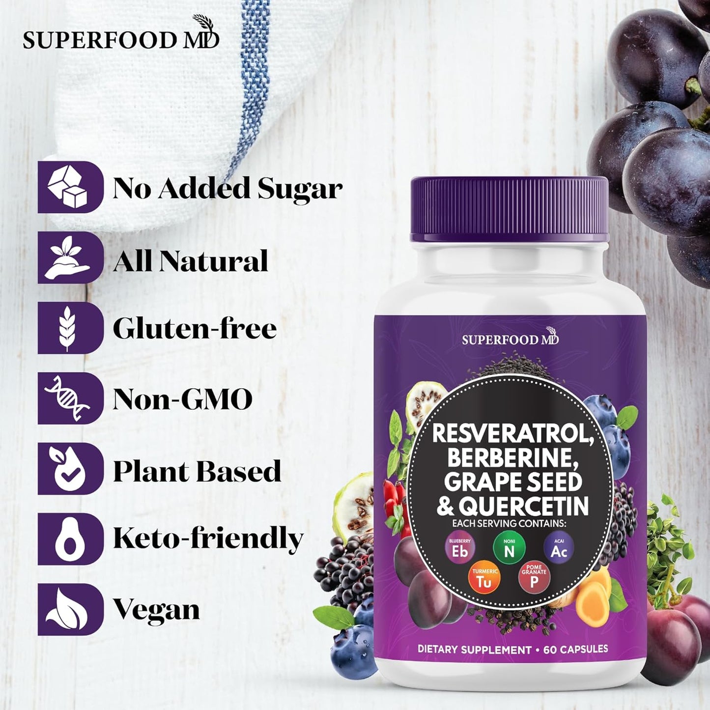 Premium Polyphenol Supplement with Resveratrol, Berberine, Grape Seed Extract, Quercetin, Noni, N-Acetyl Cysteine, Acai - 60 Capsules - USA Made
