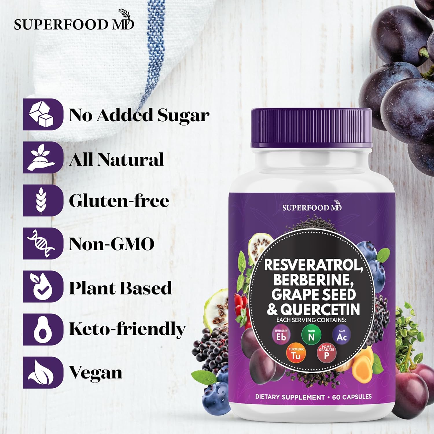 Premium Polyphenol Supplement with Resveratrol, Berberine, Grape Seed Extract, Quercetin, Noni, N-Acetyl Cysteine, Acai - 60 Capsules - USA Made