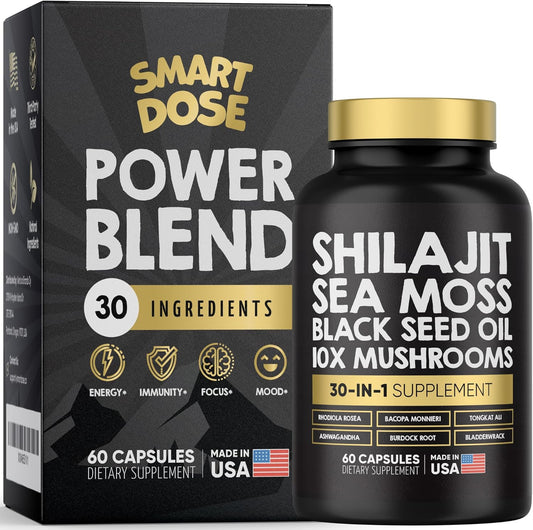 Premium Power Blend Capsules - 30-in-1 Supplement Bundle with Shilajit, Sea Moss, Black Seed Oil, Ashwagandha, Mushrooms, Tongkat Ali, Maca - Holistic Pills Combo