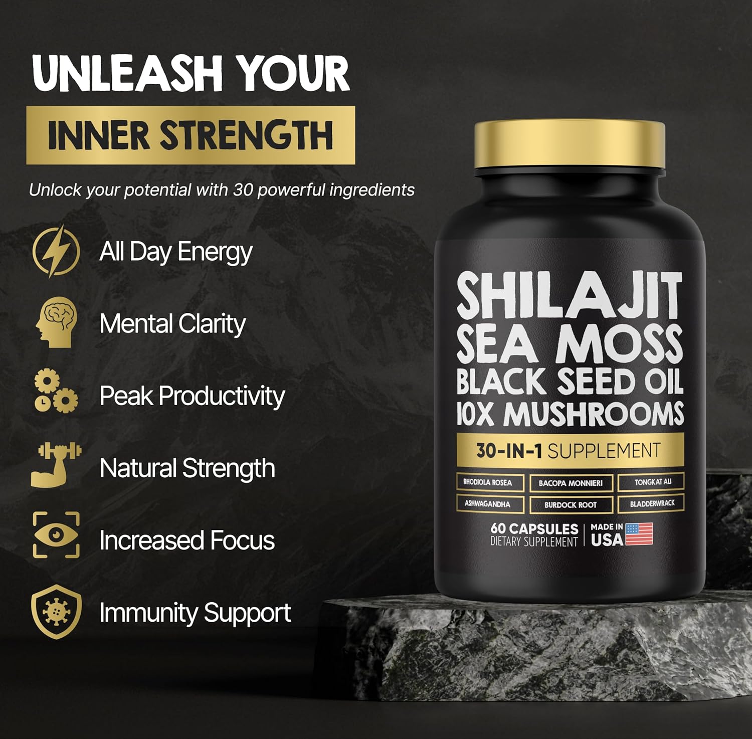 Premium Power Blend Capsules - 30-in-1 Supplement Bundle with Shilajit, Sea Moss, Black Seed Oil, Ashwagandha, Mushrooms, Tongkat Ali, Maca - Holistic Pills Combo