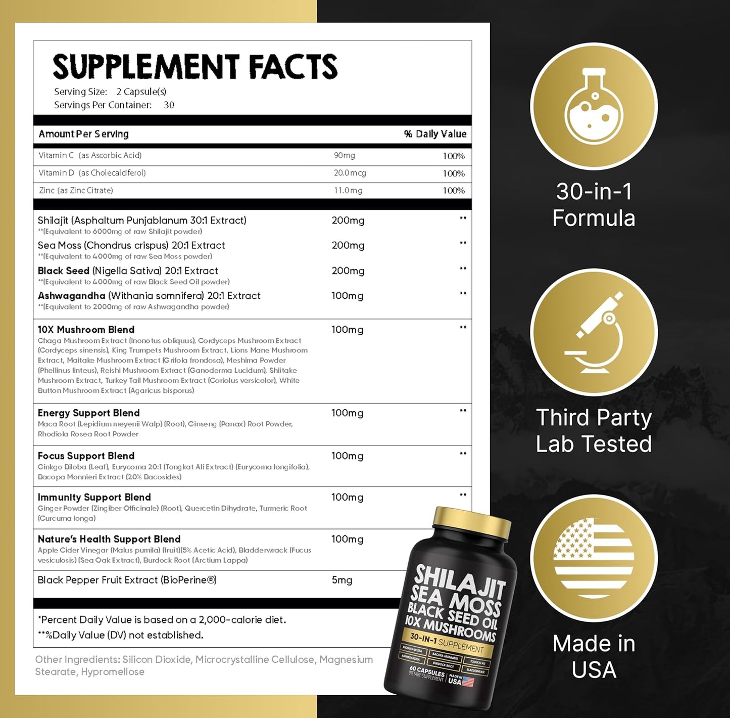 Premium Power Blend Capsules - 30-in-1 Supplement Bundle with Shilajit, Sea Moss, Black Seed Oil, Ashwagandha, Mushrooms, Tongkat Ali, Maca - Holistic Pills Combo