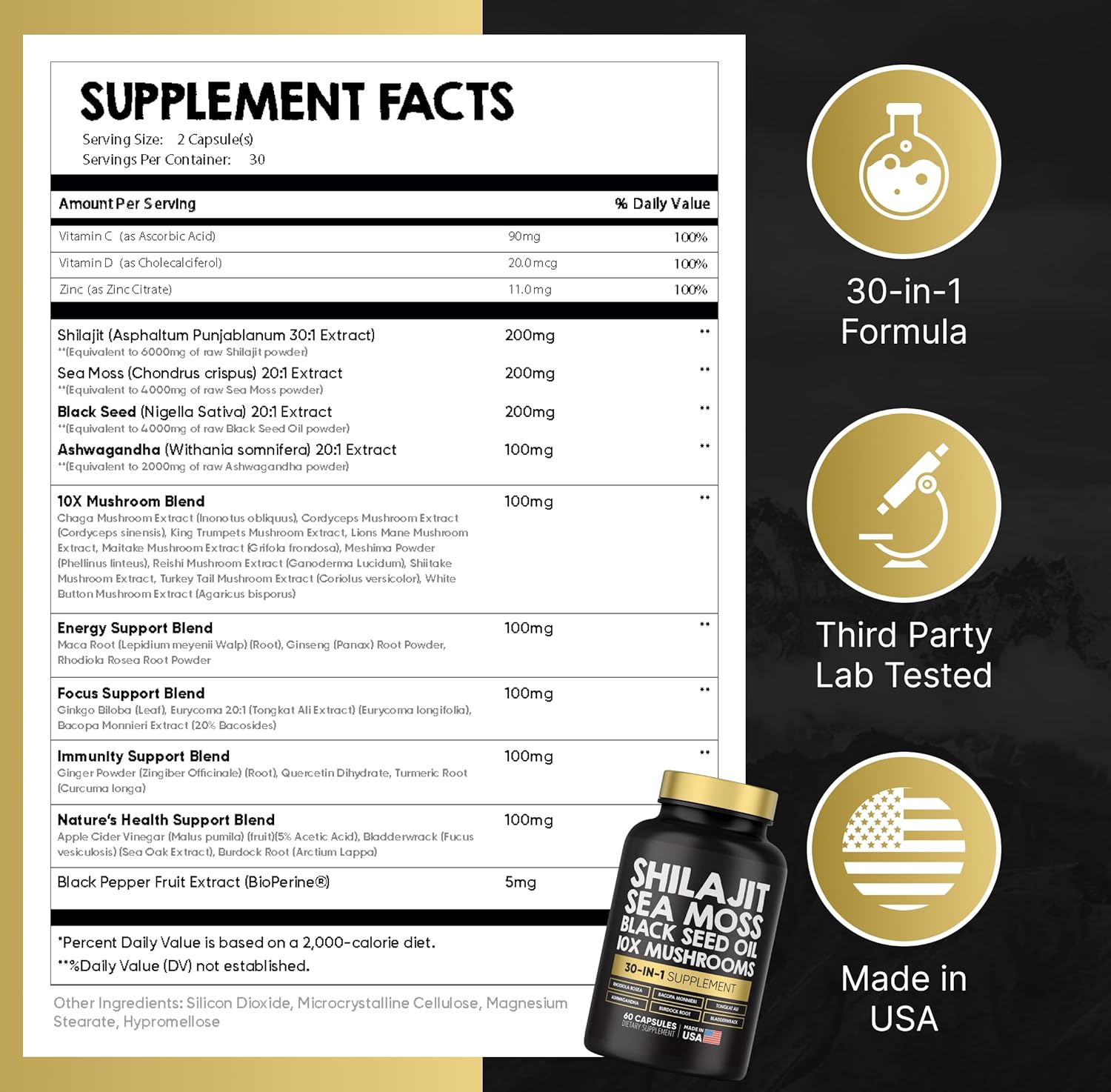 Premium Power Blend Capsules - 30-in-1 Supplement Bundle with Shilajit, Sea Moss, Black Seed Oil, Ashwagandha, Mushrooms, Tongkat Ali, Maca - Holistic Pills Combo
