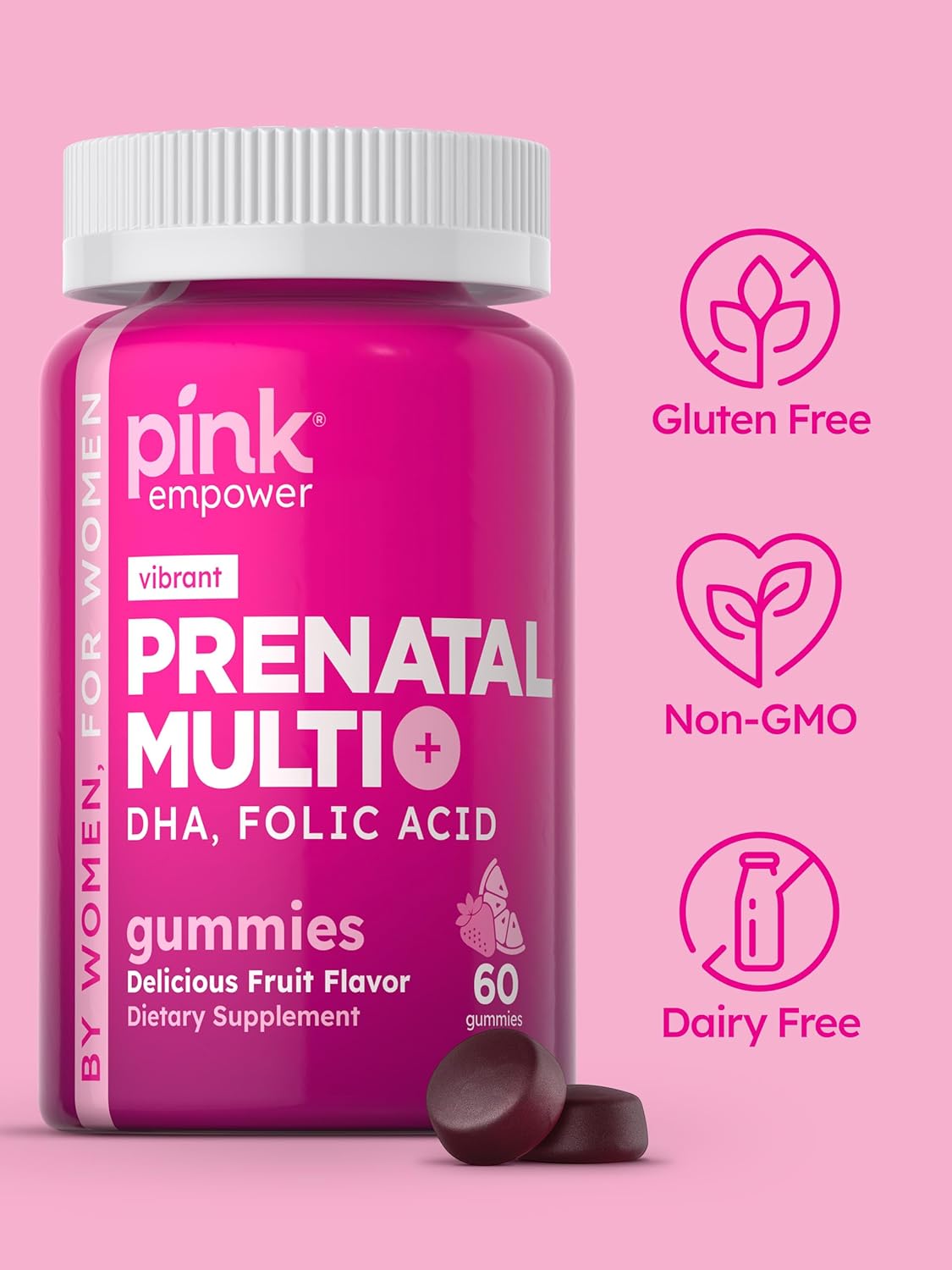 Premium Prenatal Gummies with DHA, Folic Acid, Non-GMO, Gluten-Free, Fruit Flavor - 60 Count