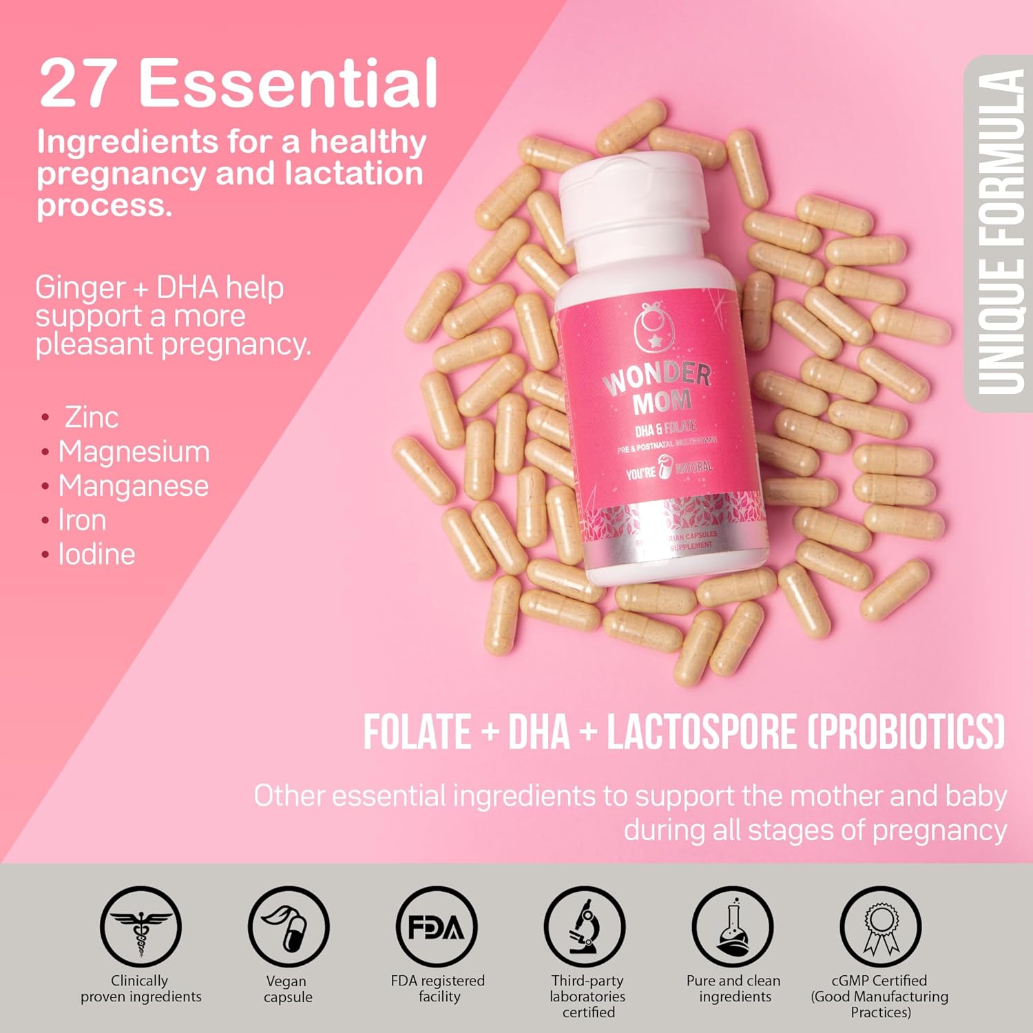 Premium Prenatal & Postnatal Vitamins with Folate, DHA, Choline, Iron, B12, Probiotics - Vegan, Non-GMO, Gluten-Free - Supports Fetal Brain Development, Pregnancy & Postpartum Health - 30 Day Supply