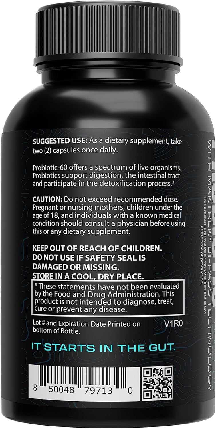 Premium Probiotic Supplement for Men and Women - 60 Billion CFU, 4 Strain Blend - Shelf Stable Capsules with Prebiotics - 60 Count Bottle