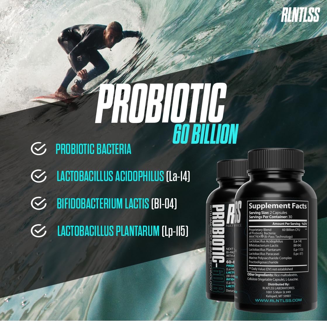 Premium Probiotic Supplement for Men and Women - 60 Billion CFU, 4 Strain Blend - Shelf Stable Capsules with Prebiotics - 60 Count Bottle