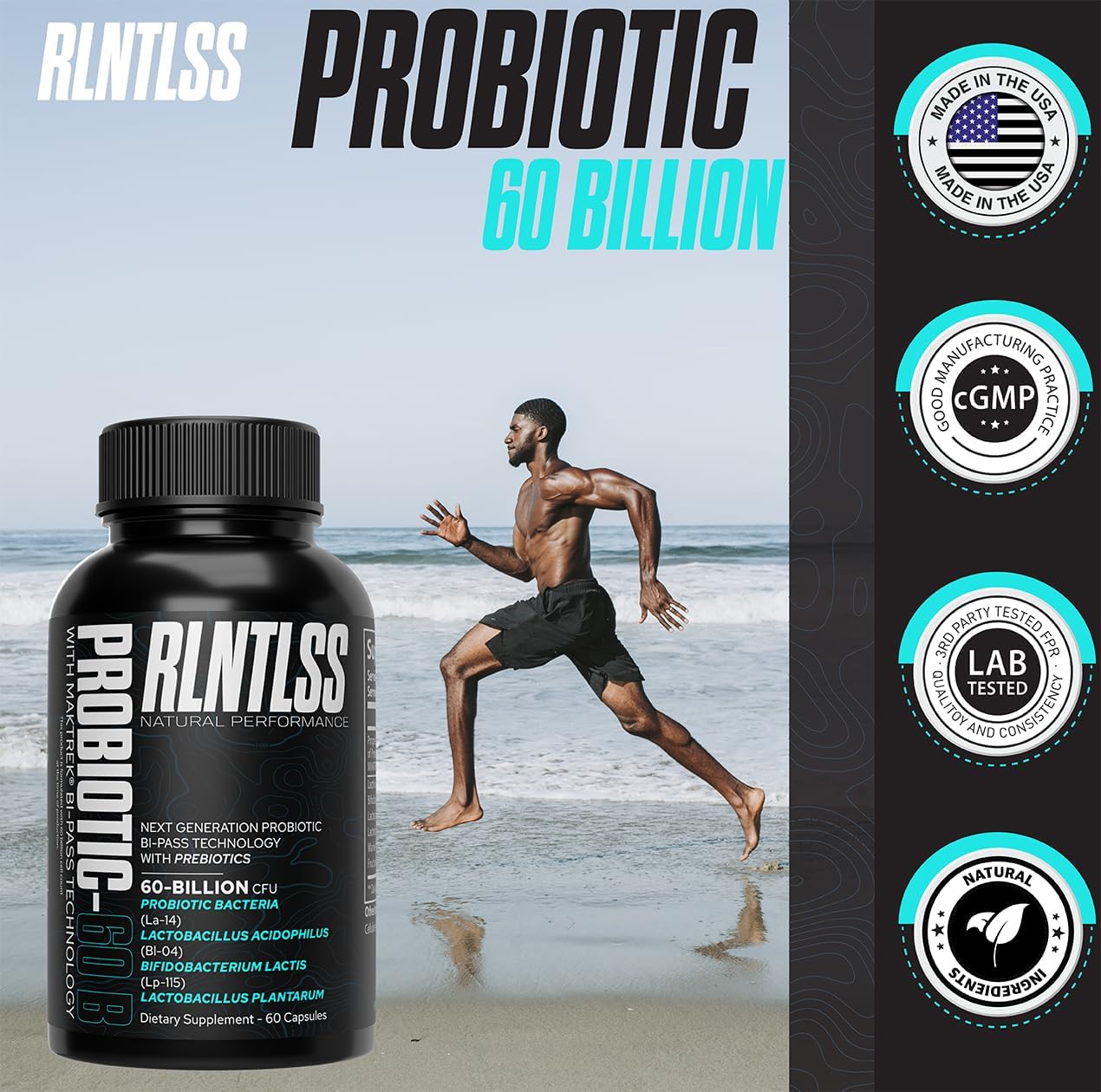 Premium Probiotic Supplement for Men and Women - 60 Billion CFU, 4 Strain Blend - Shelf Stable Capsules with Prebiotics - 60 Count Bottle