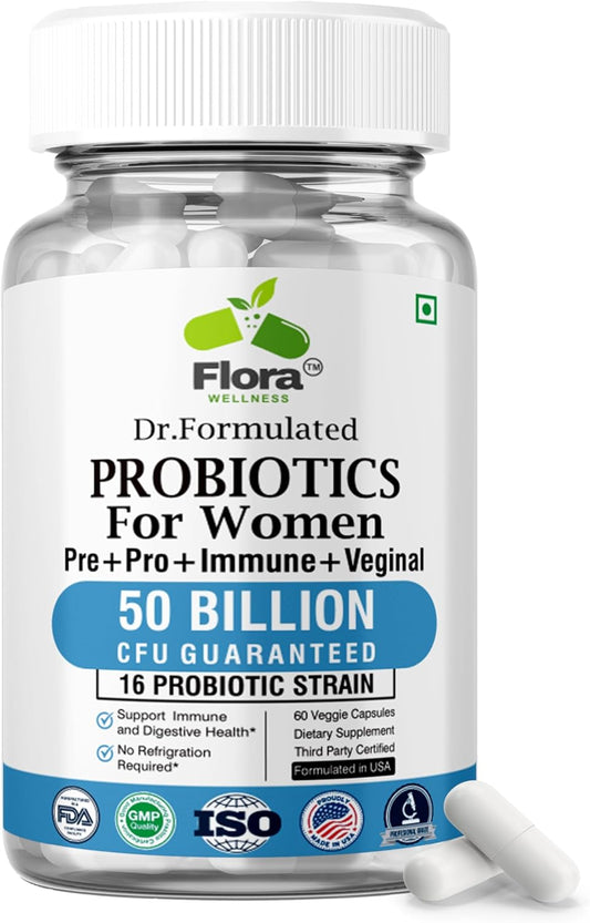 Premium Probiotic Supplement for Women - 50 Billion CFU, 16 Strains, Organic Prebiotics, Eurofins Lab Tested - Digestive, Vaginal, Immune & Urinary Health - 2 Month Supply - 60 Capsules