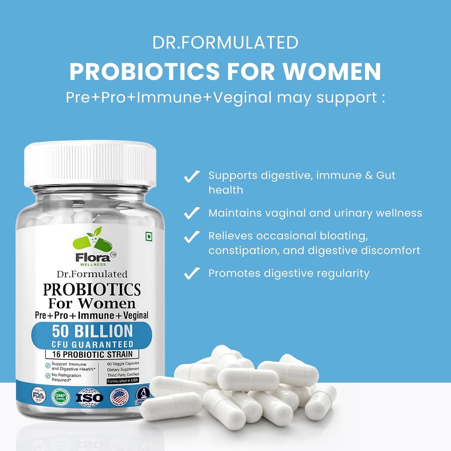 Premium Probiotic Supplement for Women - 50 Billion CFU, 16 Strains, Organic Prebiotics, Eurofins Lab Tested - Digestive, Vaginal, Immune & Urinary Health - 2 Month Supply - 60 Capsules