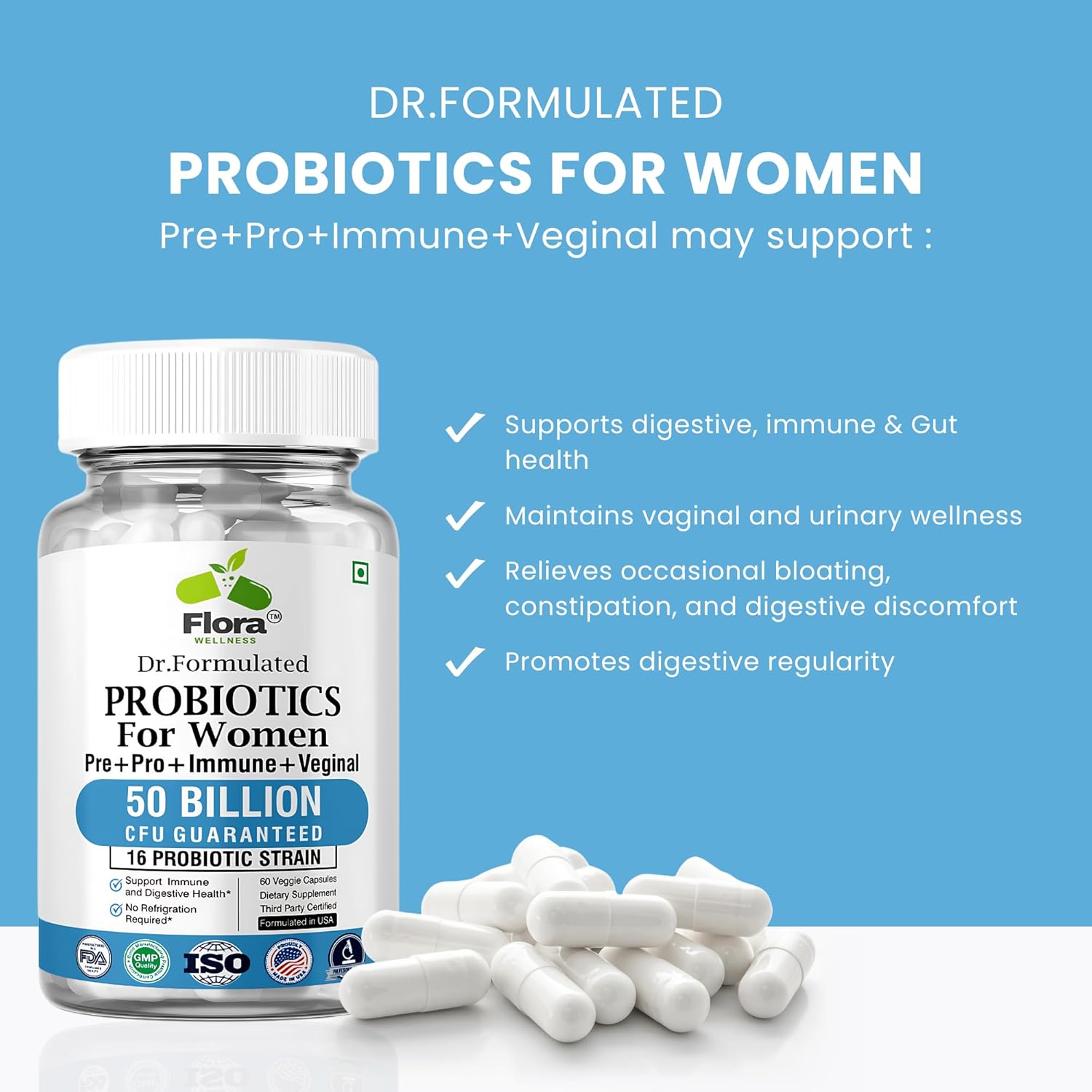 Premium Probiotic Supplement for Women - 50 Billion CFU, 16 Strains, Organic Prebiotics, Eurofins Lab Tested - Digestive, Vaginal, Immune & Urinary Health - 2 Month Supply - 60 Capsules