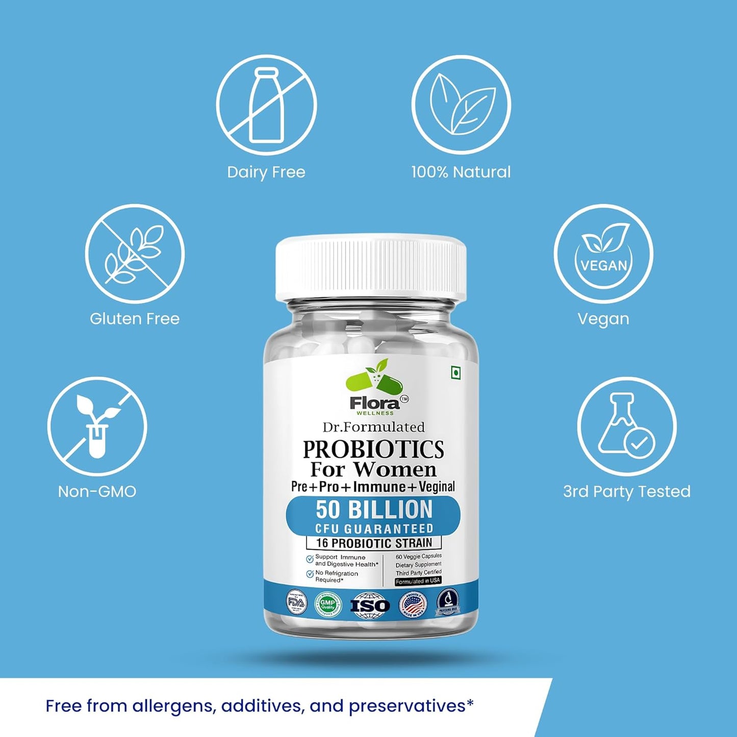 Premium Probiotic Supplement for Women - 50 Billion CFU, 16 Strains, Organic Prebiotics, Eurofins Lab Tested - Digestive, Vaginal, Immune & Urinary Health - 2 Month Supply - 60 Capsules