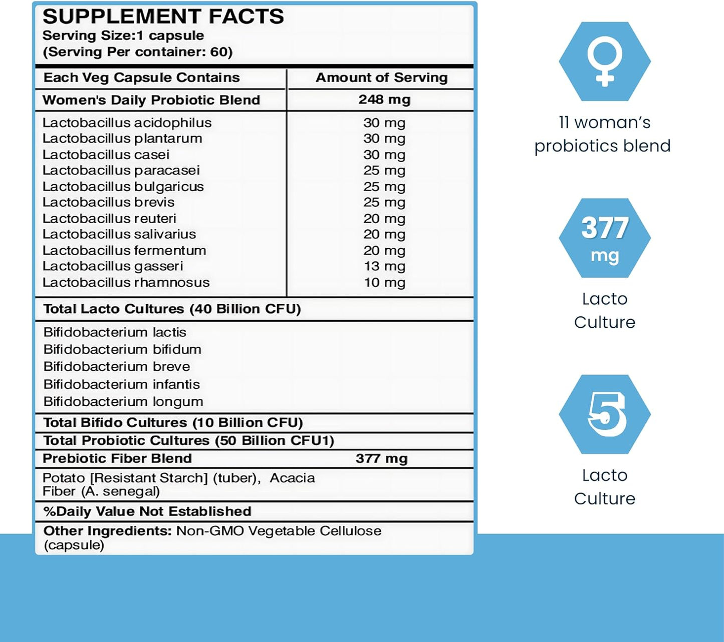 Premium Probiotic Supplement for Women - 50 Billion CFU, 16 Strains, Organic Prebiotics, Eurofins Lab Tested - Digestive, Vaginal, Immune & Urinary Health - 2 Month Supply - 60 Capsules