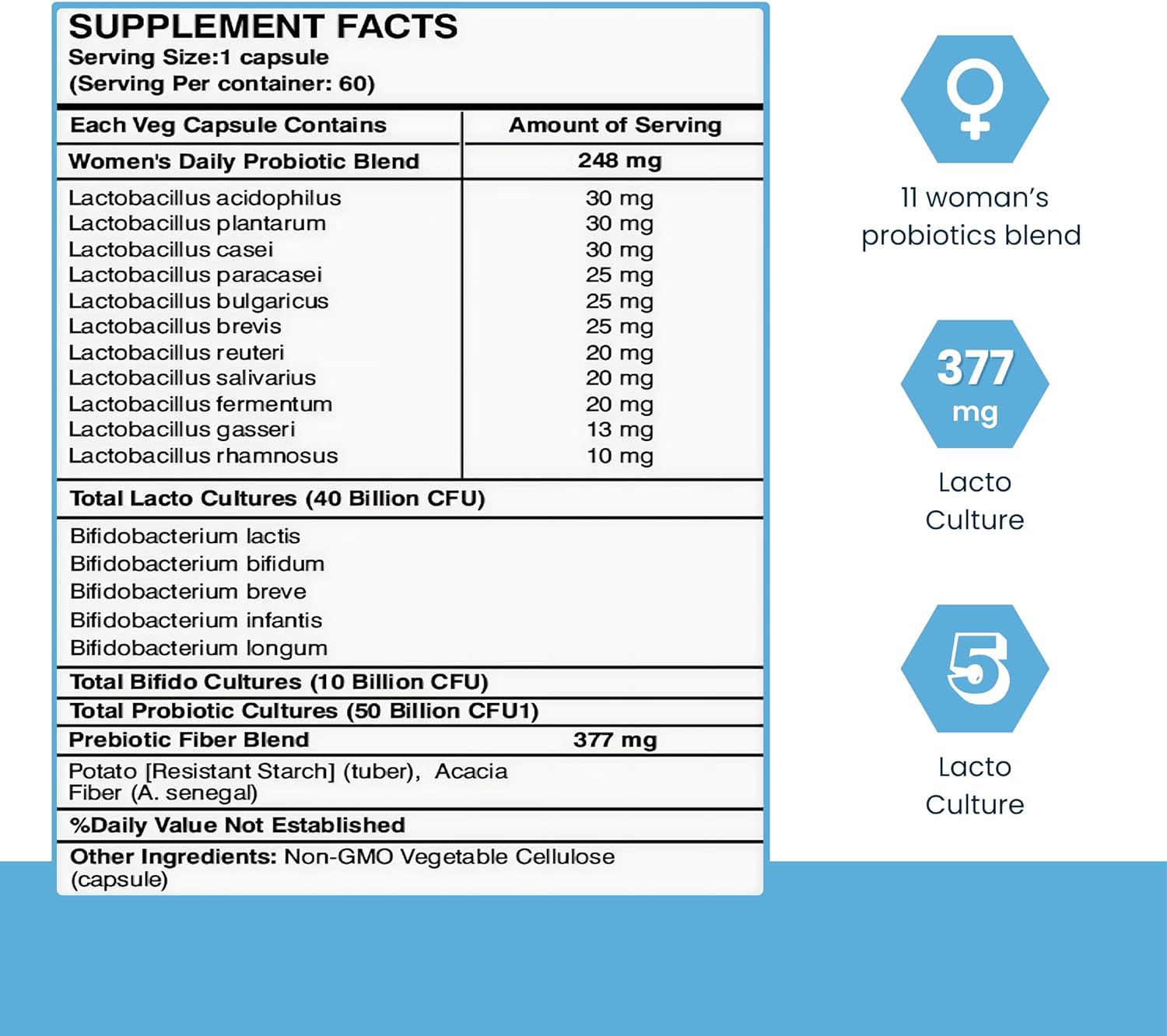 Premium Probiotic Supplement for Women - 50 Billion CFU, 16 Strains, Organic Prebiotics, Eurofins Lab Tested - Digestive, Vaginal, Immune & Urinary Health - 2 Month Supply - 60 Capsules