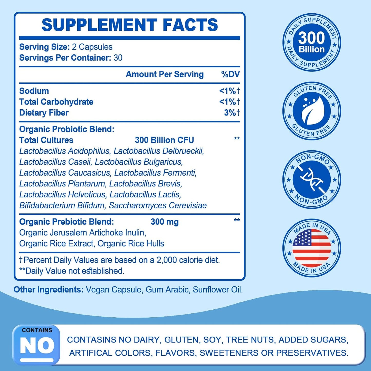 Premium Probiotic Supplement with 300 Billion CFU, 12 Strains, Organic Prebiotics - Supports Digestive, Immune, Gut Health - Women and Men - 240 Capsules, Dairy-Free, Shelf Stable