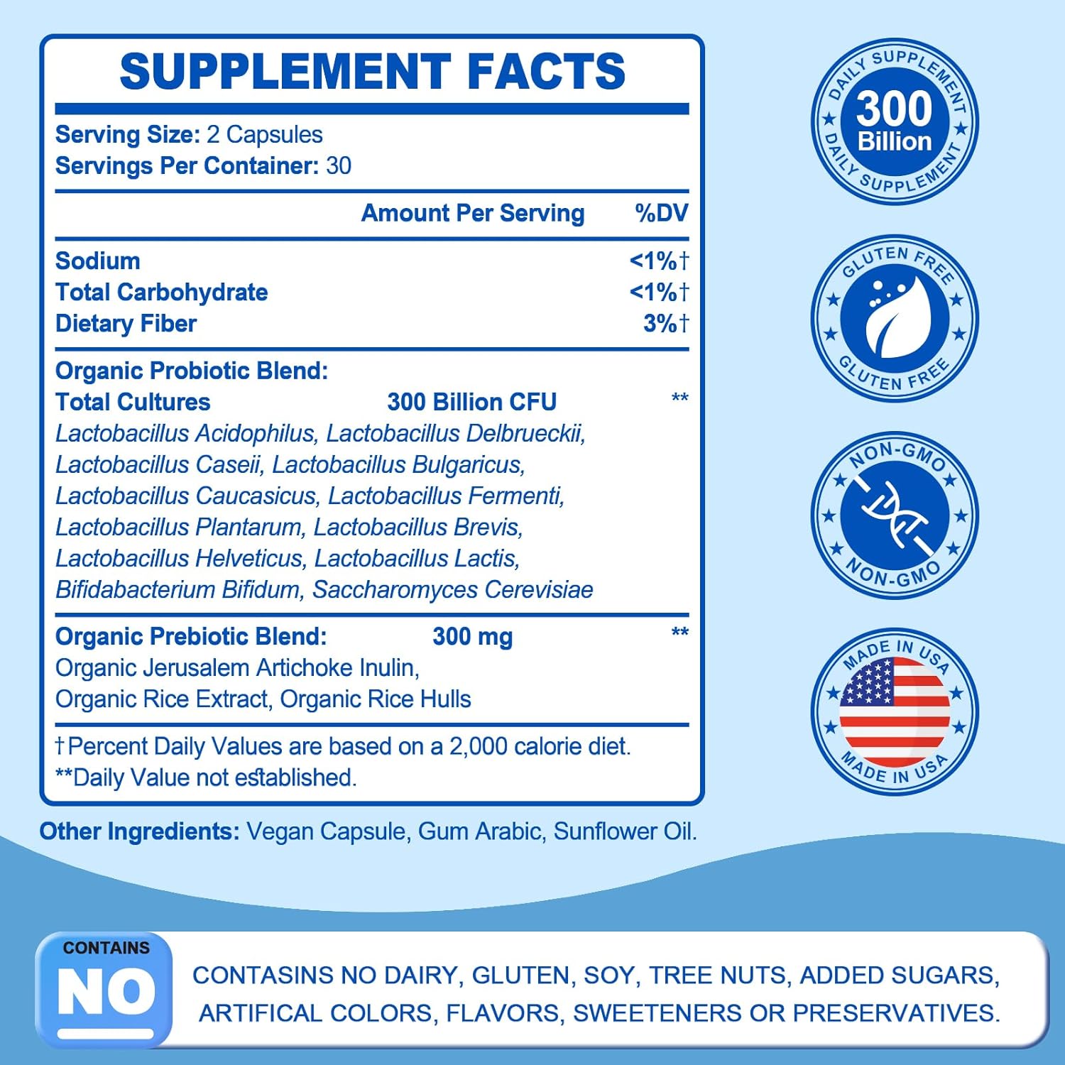 Premium Probiotic Supplement with 300 Billion CFU, 12 Strains, Organic Prebiotics - Supports Digestive, Immune, Gut Health - Women and Men - 240 Capsules, Dairy-Free, Shelf Stable