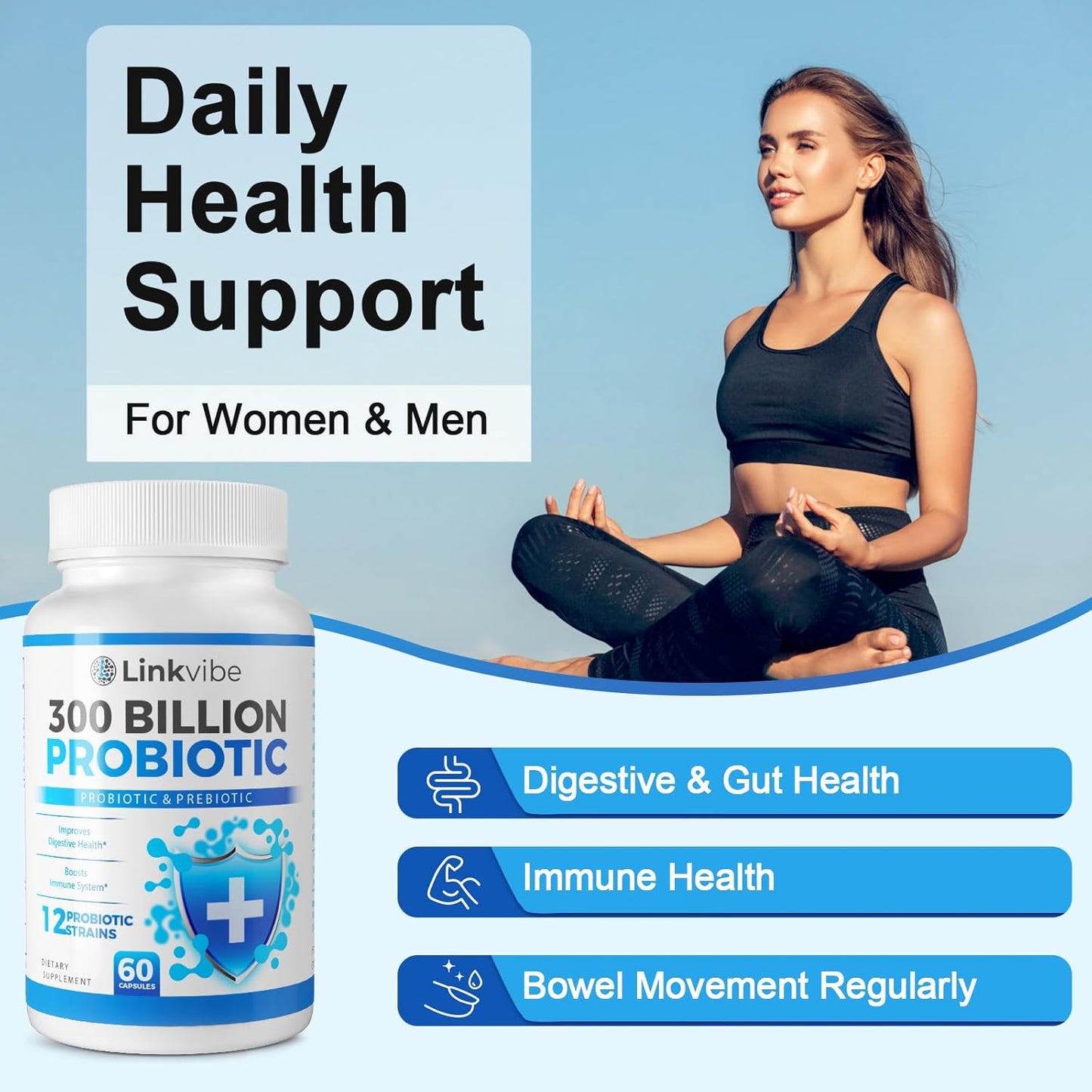 Premium Probiotic Supplement with 300 Billion CFU, 12 Strains, Organic Prebiotics - Supports Digestive, Immune, Gut Health - Women and Men - 240 Capsules, Dairy-Free, Shelf Stable