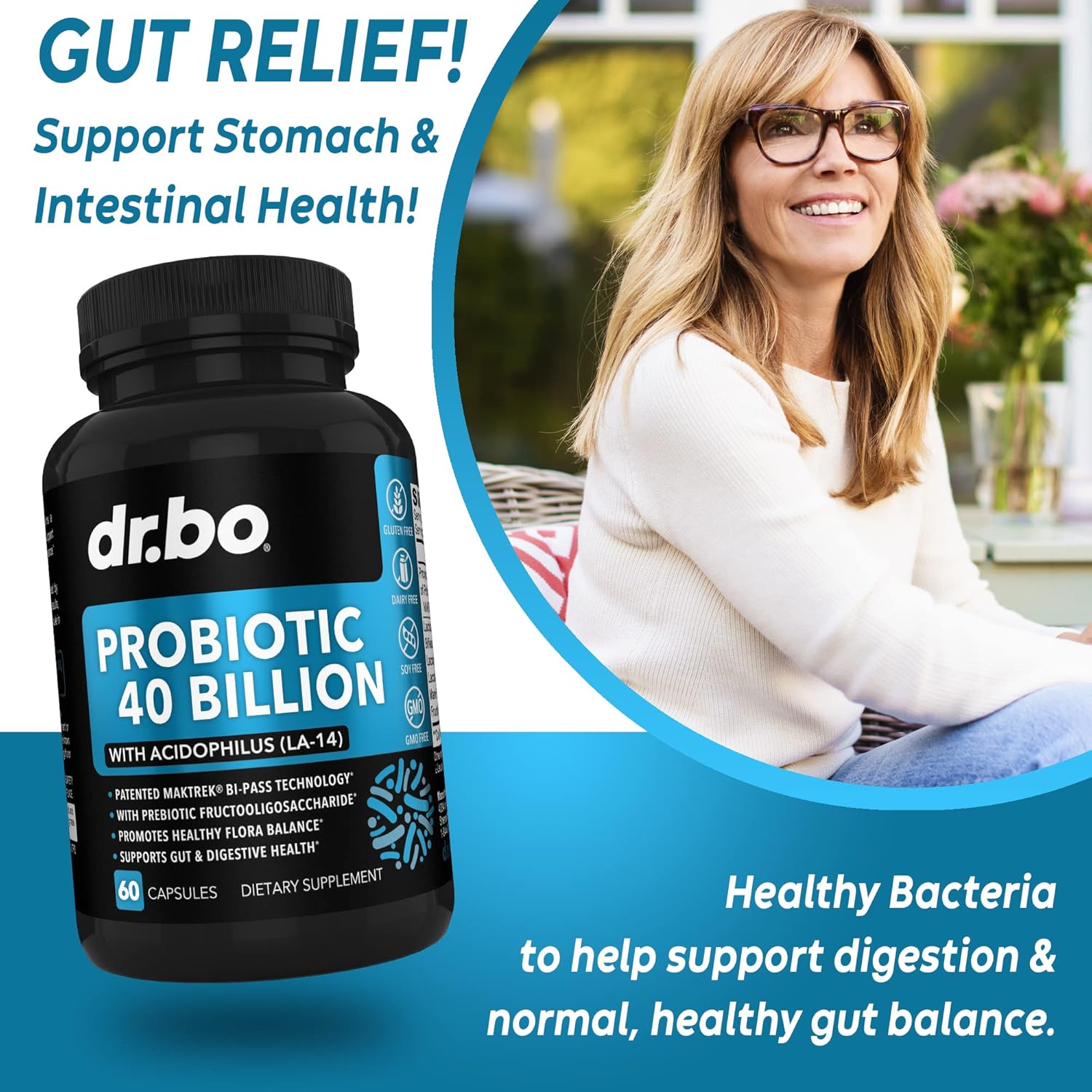 Premium Probiotic Supplement with 40 Billion CFU - Lactobacillus Acidophilus for Men & Women - Gluten Free Digestive Health Pills with Bifidobacterium - 60 Capsules