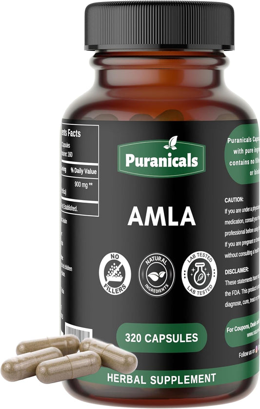 Premium Puranicals Amla Capsules - Boost Immunity, Skin & Hair Health - Herbal Supplement with 900mg Amalaki Powder - 320 Count