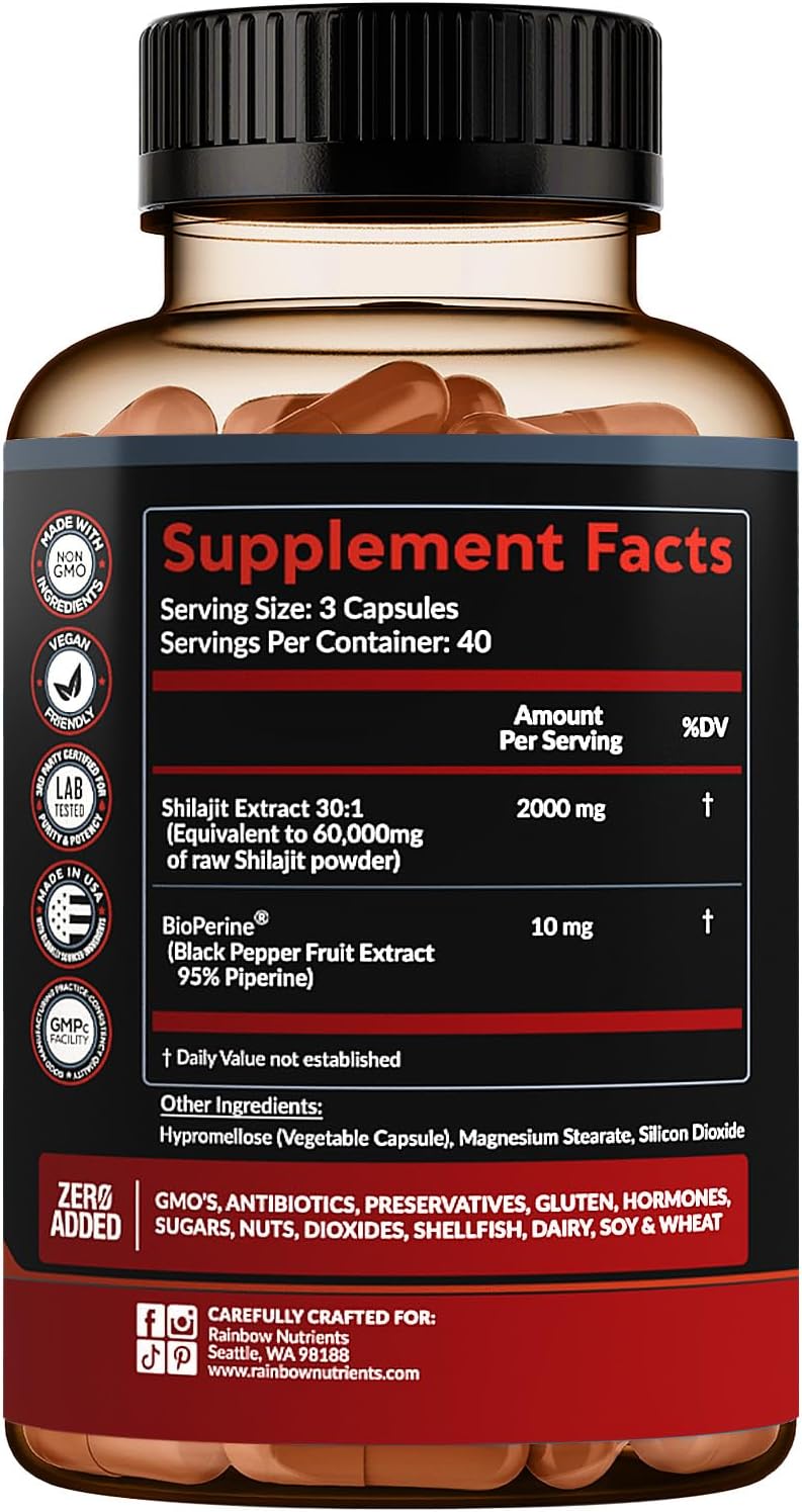Premium Pure Himalayan Shilajit Capsules with 85+ Trace Minerals - Energy & Immune Support - Non GMO - 120 Pills - Rainbow Nutrients, LLC