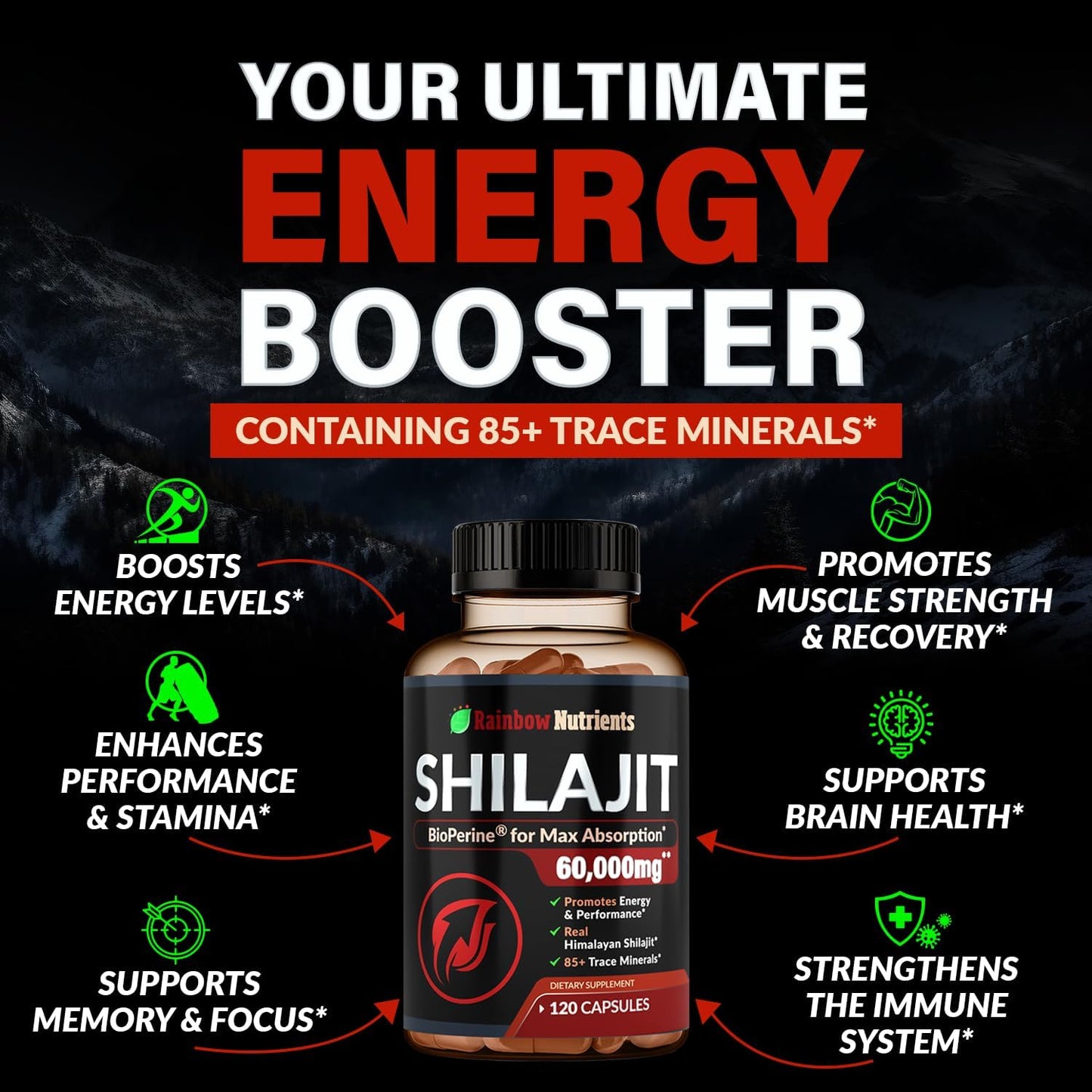 Premium Pure Himalayan Shilajit Capsules with 85+ Trace Minerals - Energy & Immune Support - Non GMO - 120 Pills - Rainbow Nutrients, LLC