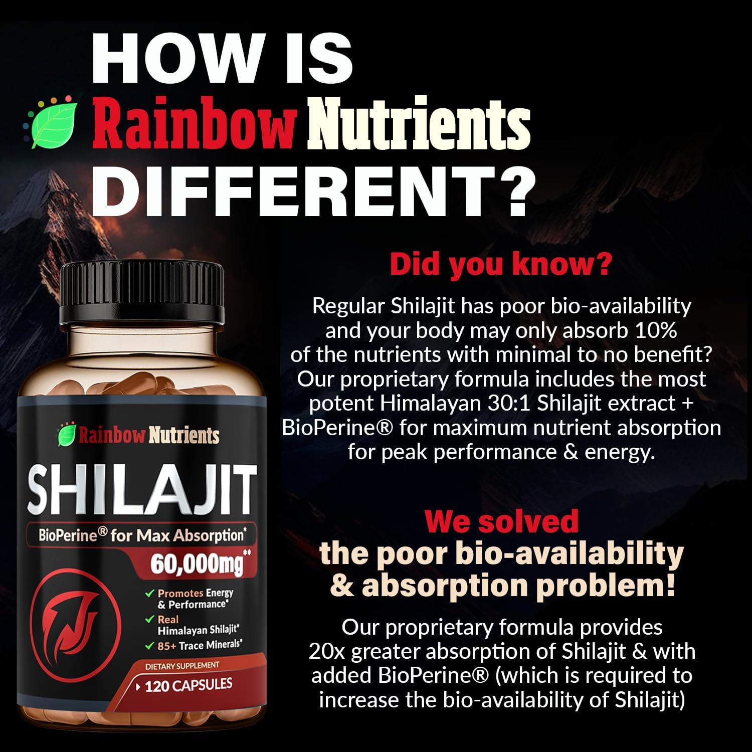 Premium Pure Himalayan Shilajit Capsules with 85+ Trace Minerals - Energy & Immune Support - Non GMO - 120 Pills - Rainbow Nutrients, LLC