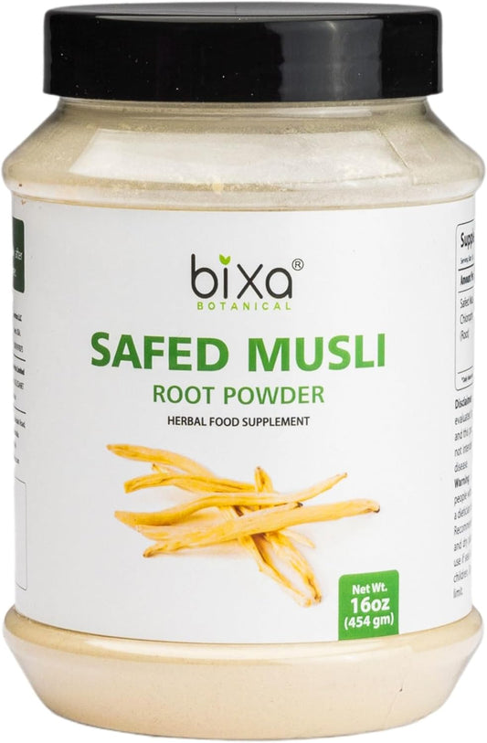 Premium Quality Bixa Botanical Ayurvedic Safed Musli Powder Supplement - 16 Ounce Pack, Gluten-Free & Vegan - Non-GMO & Steam Sterilized