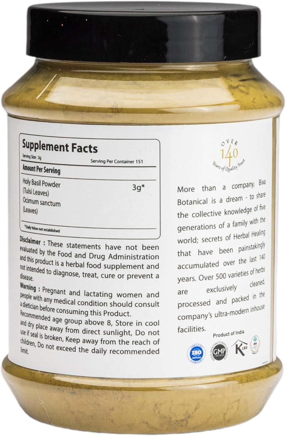 Premium Quality Bixa Botanical Tulsi Leaves Powder (Holy Basil) - 454g/16 Oz - Immunity Support for Healthy Breathing & Oral Care - Tea Compatible - Natural Diet Supplement - 1 Pack