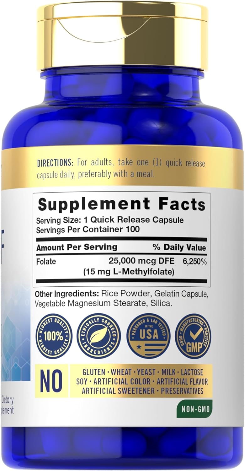 Premium Quality Carlyle 5-MTHF Supplement 15mg | 100 Capsules of L-Methylfolate | Non-GMO & Gluten Free