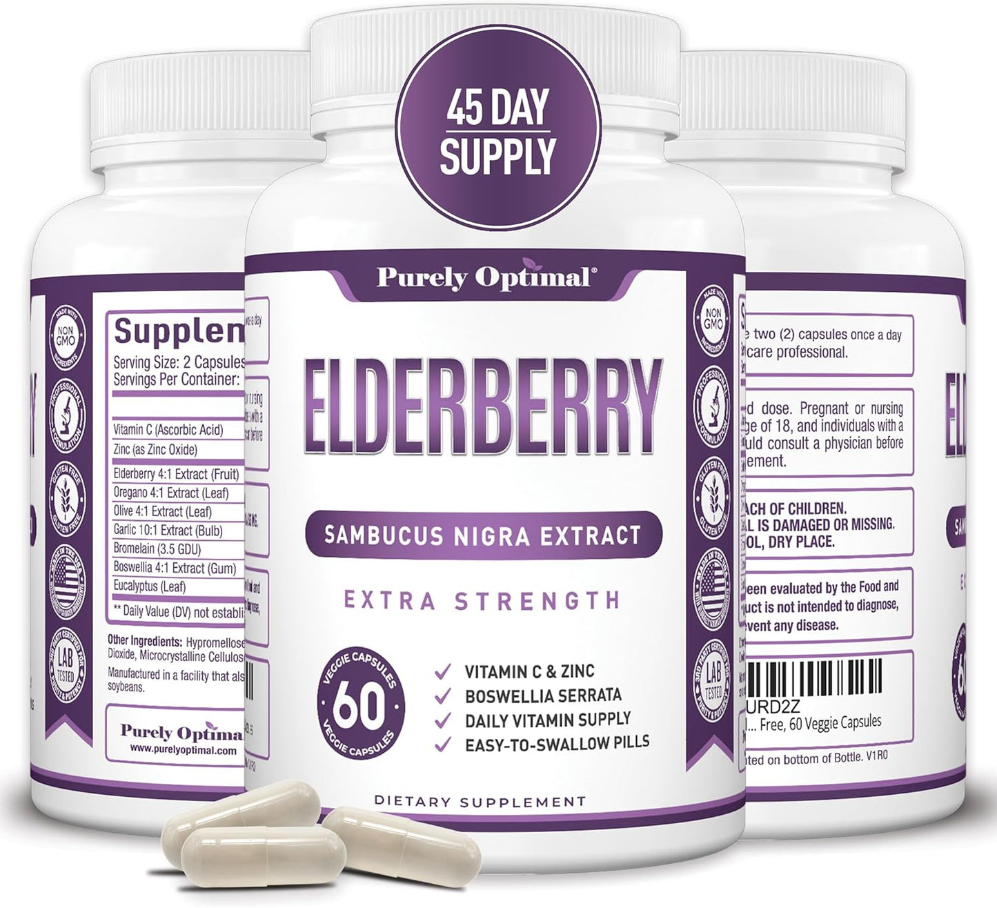 Premium Quality Elderberry Capsules - Sambucus Nigra Extract Supplement - Immune Support - Non-GMO, Gluten Free, Vegan - 60 Capsules