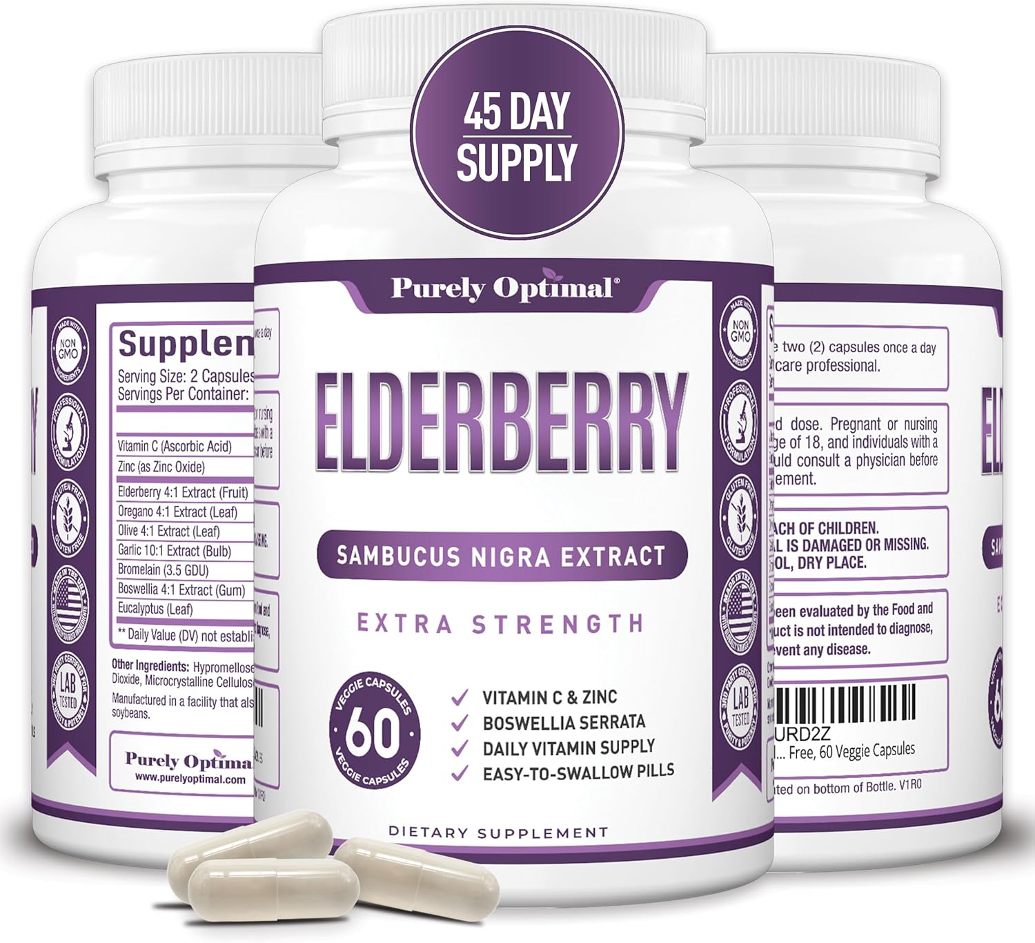 Premium Quality Elderberry Capsules - Sambucus Nigra Extract Supplement - Immune Support - Non-GMO, Gluten Free, Vegan - 60 Capsules