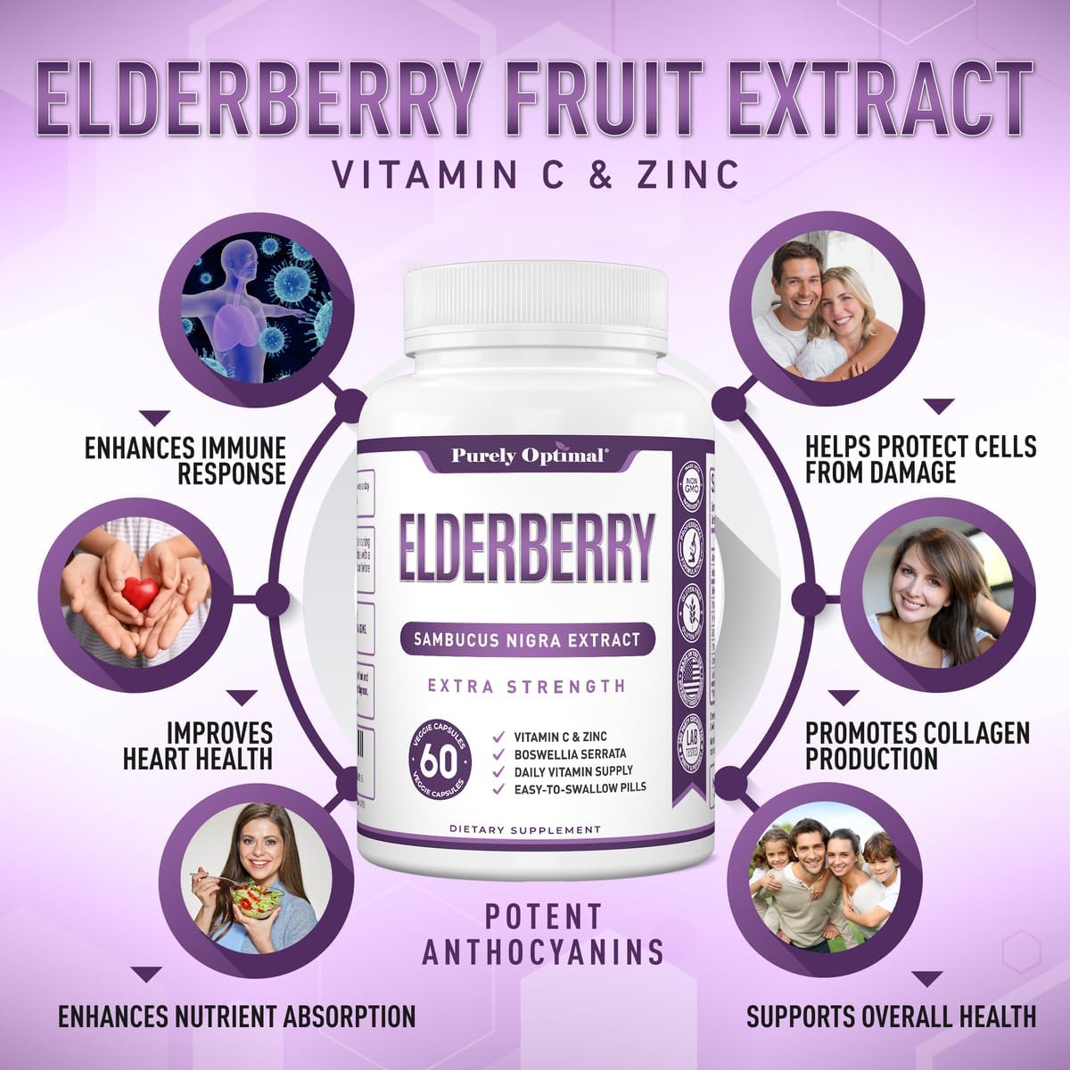 Premium Quality Elderberry Capsules - Sambucus Nigra Extract Supplement - Immune Support - Non-GMO, Gluten Free, Vegan - 60 Capsules