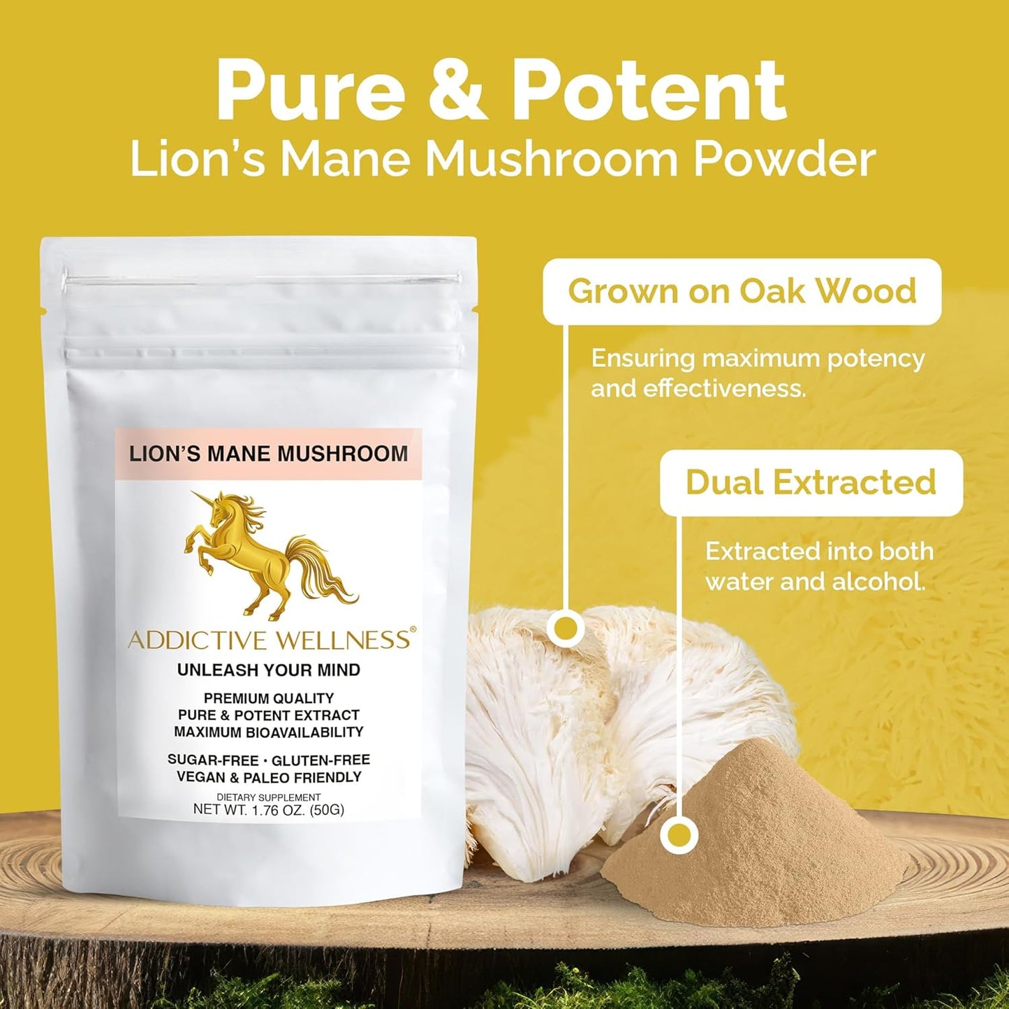 Premium Quality Lions Mane Mushroom Powder Dual-Extract Nootropic Supplement Powder - 1500 mg, Vegan & Paleo Friendly