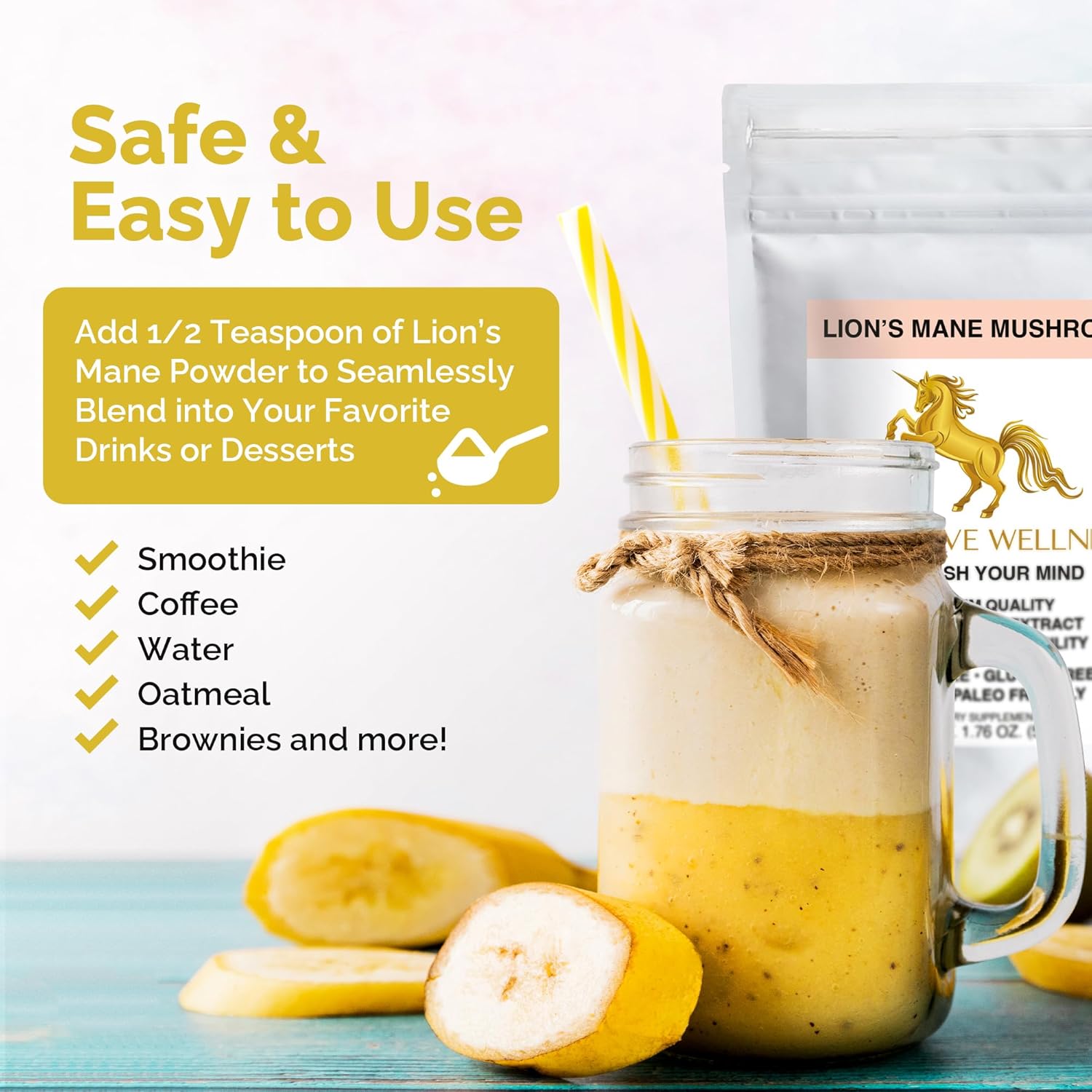 Premium Quality Lions Mane Mushroom Powder Dual-Extract Nootropic Supplement Powder - 1500 mg, Vegan & Paleo Friendly