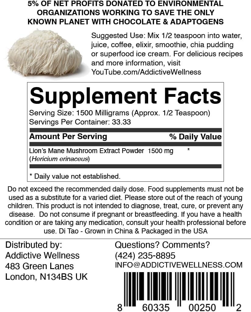 Premium Quality Lions Mane Mushroom Powder Dual-Extract Nootropic Supplement Powder - 1500 mg, Vegan & Paleo Friendly