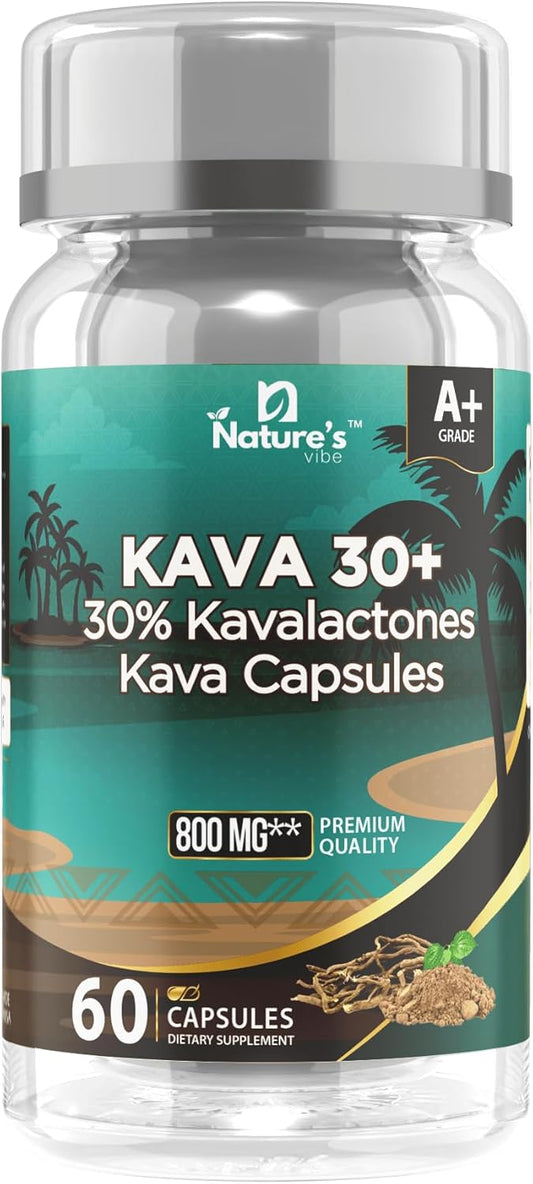 Premium Quality Nature's Vibe Kava Capsules - 800mg, 30% Kavalactones, 60 Vegetarian Capsules