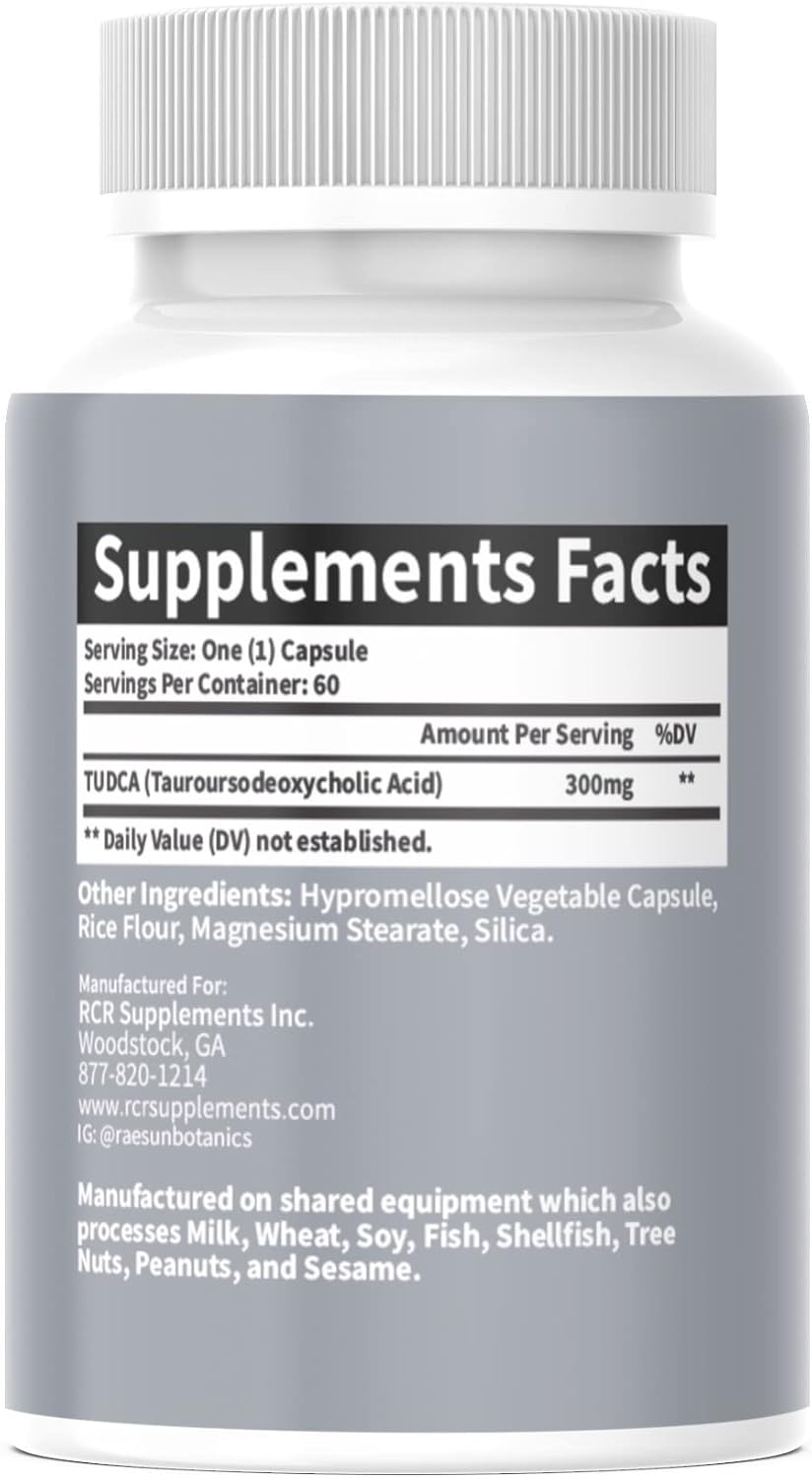 Premium Quality RaeSun Botanics TUDCA (Tauroursodeoxycholic Acid) 300mg Capsules - Maximum Liver Support, 60 Count - 3rd Party Tested